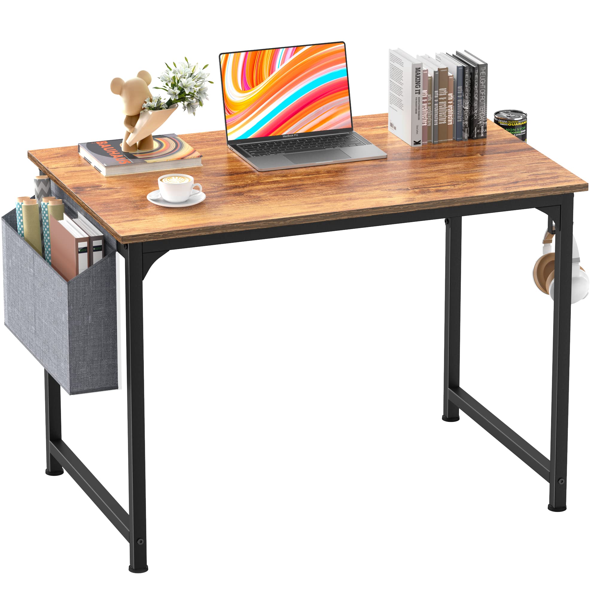 Mr IRONSTONE 31-inch Small Computer Desk for Home Office | Vintage Writing Desk & Study Table with Storage Bag, Cup Holder & Headphone Hook | Perfect for Small Spaces, Dorm Rooms & Home Offices