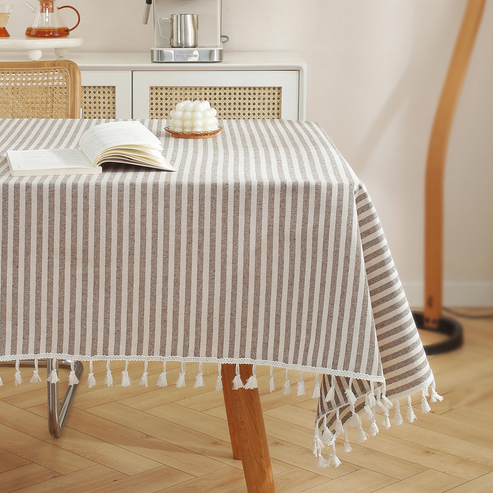 Meioro Striped Fringe Tablecloth - 55x102 Inch Coffee Brown Cotton Linen Rectangular Table Cover for Dining, Coffee, Buffet, Kitchen, Picnic Tables - Perfect for Parties, Holidays, Weddings & Outdoor Gatherings