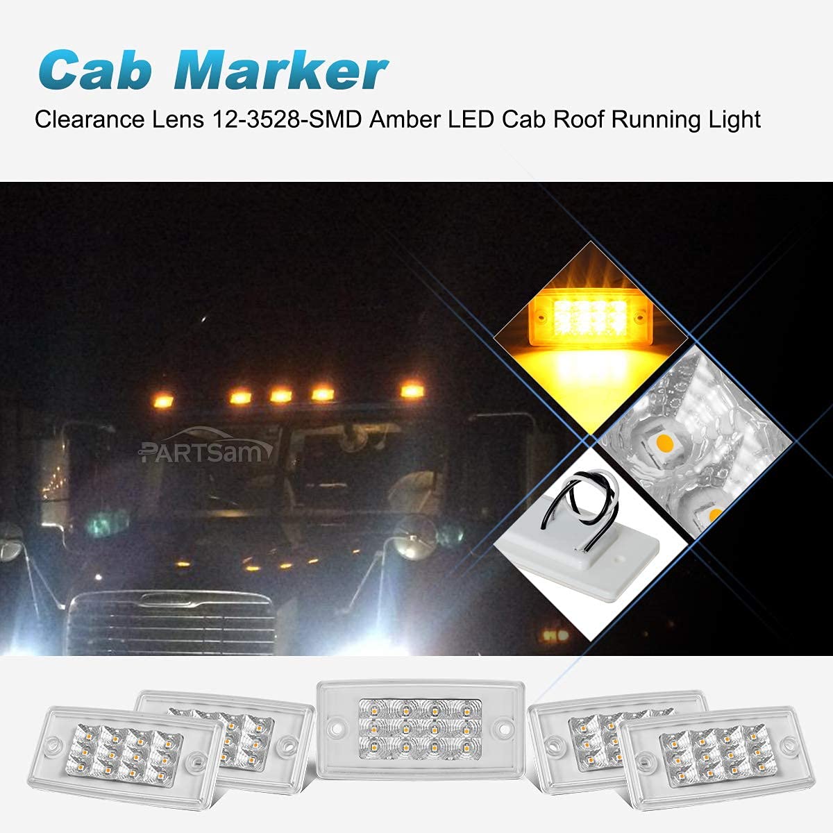 Freightliner Columbia LED Lights Kit - 5x Rectangle Amber Cab Roof Clearance Lights + 2x 5-7/8