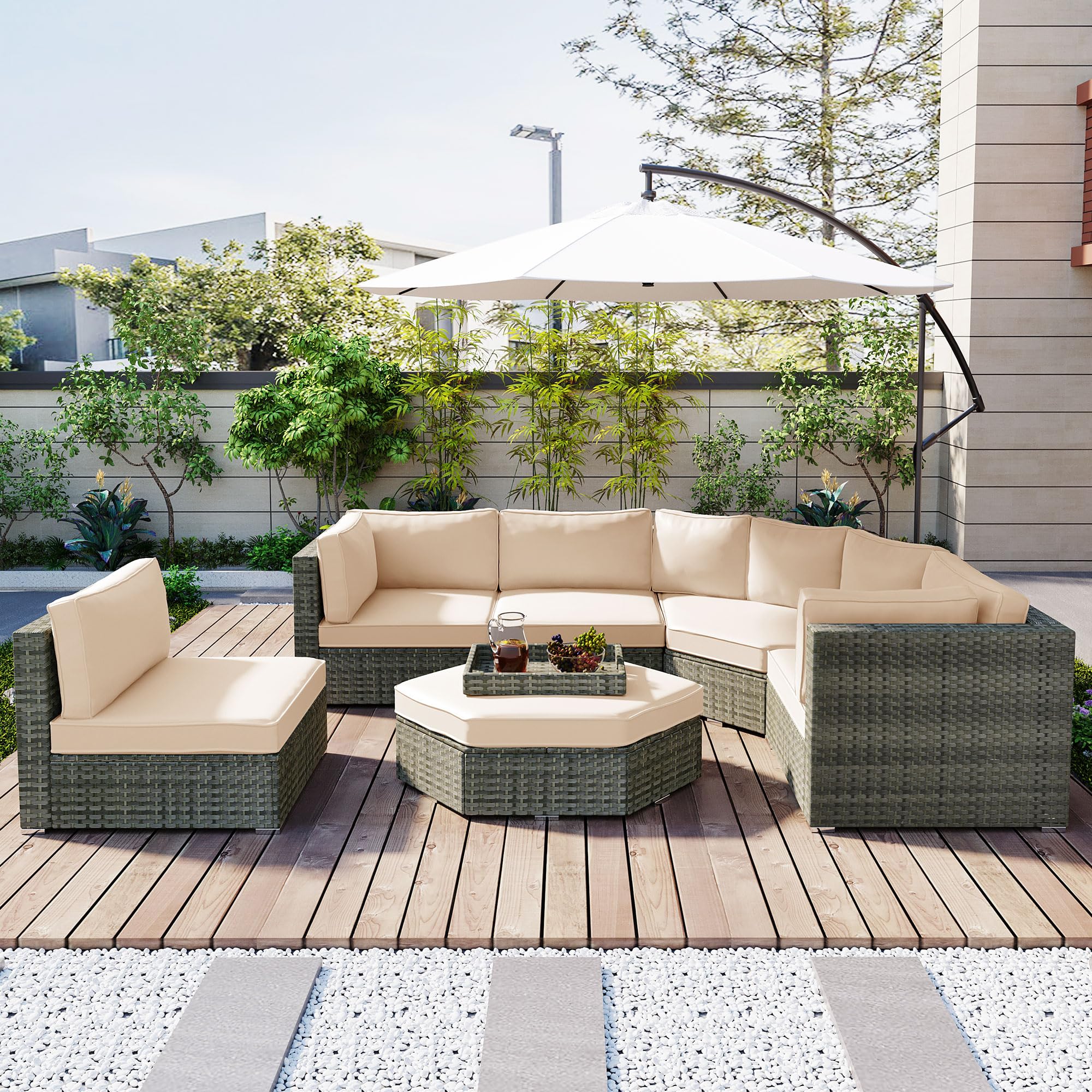 Harper & Bright Designs 6-Piece All-Weather Outdoor Patio Furniture Set - Rattan Wicker Sectional Sofa with Ottoman, Cushions & Trays in Beige - Perfect for Backyard, Garden, Poolside & Terrace Relaxation