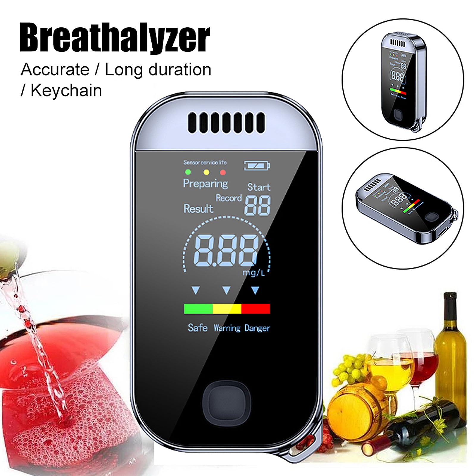 Professional LCD Digital Display Portable Breathalyzer - Quick Response Alcohol Tester with Disposable Mouthpieces for Drunk Driving Detection | Keychain Design for Men | Perfect for Personal Safety, Workplace Testing & Party Use