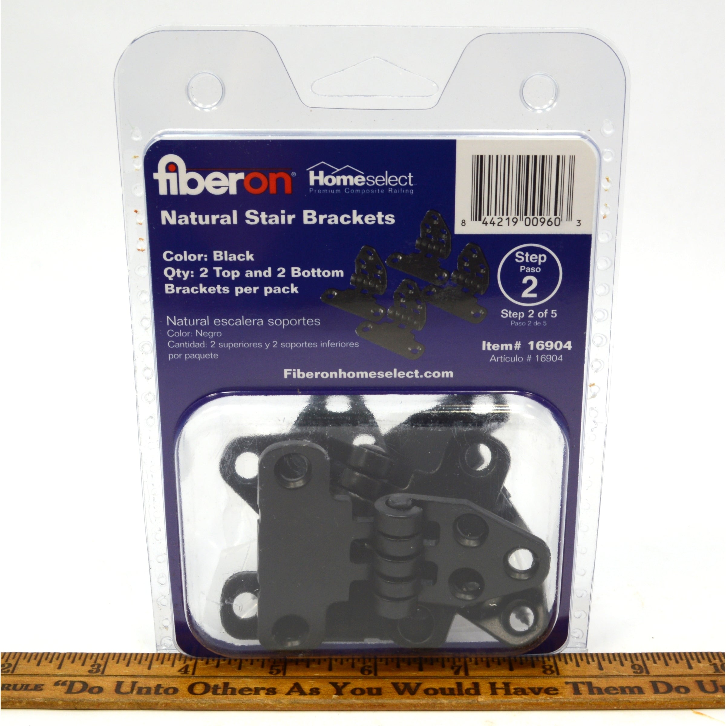 FIBERON Natural Stair Brackets No. 16904 - Black (2 Top & 2 Bottom) - Heavy Duty Metal Stair Support for Outdoor Deck & Staircase Construction