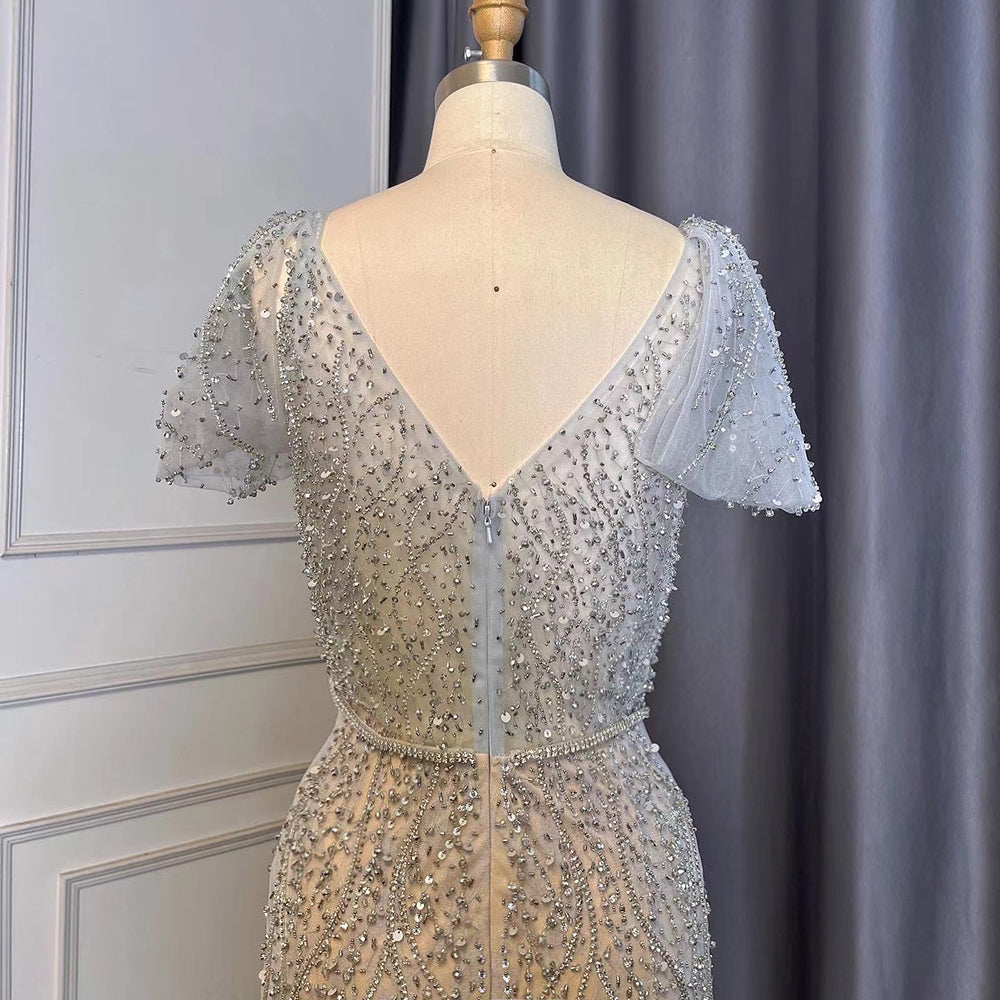 Serene Hill Grey Mermaid Elegant Evening Dresses 2025 Luxury Beaded V-Neck Short Party Dresses for Women - Perfect for Prom, Cocktail Parties & Special Occasions
