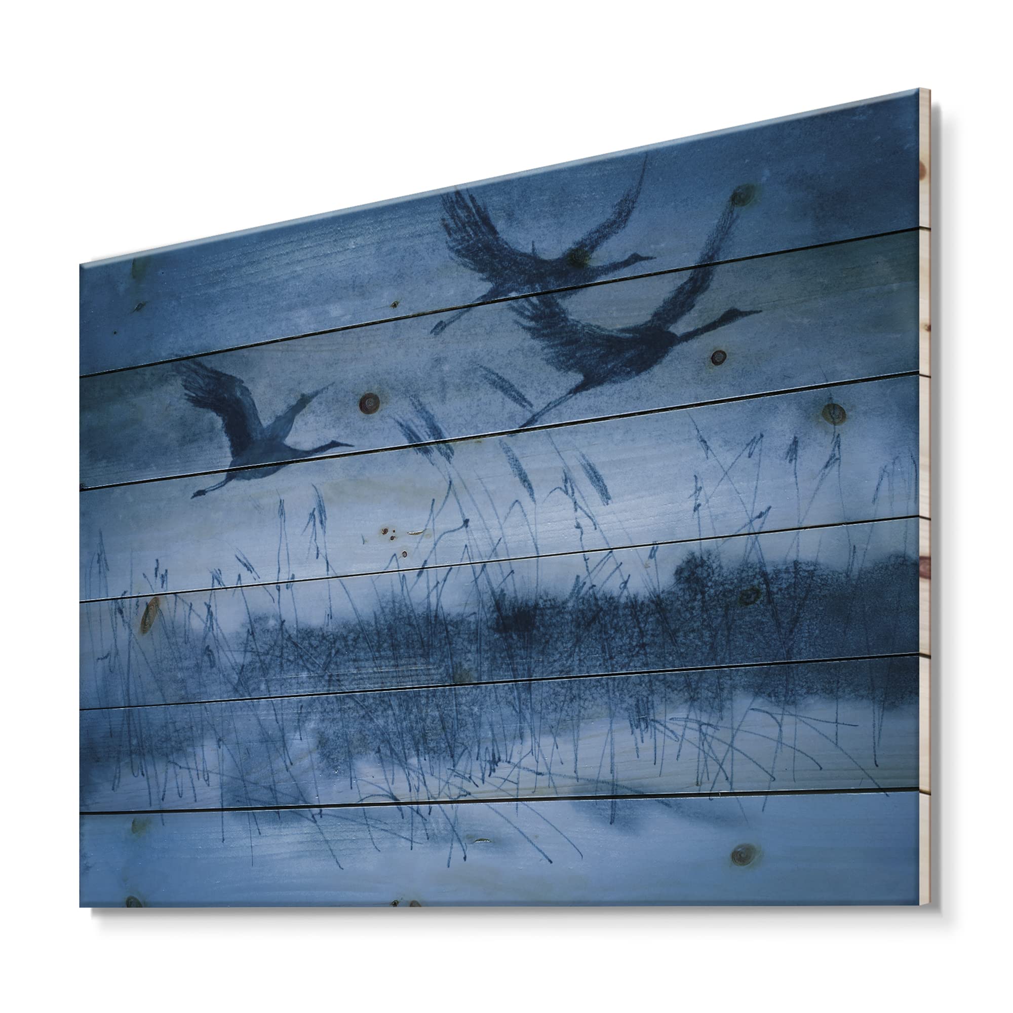 DesignQ Blue Wood Wall Art - Flying Cranes on Pine Wood for Home Decor