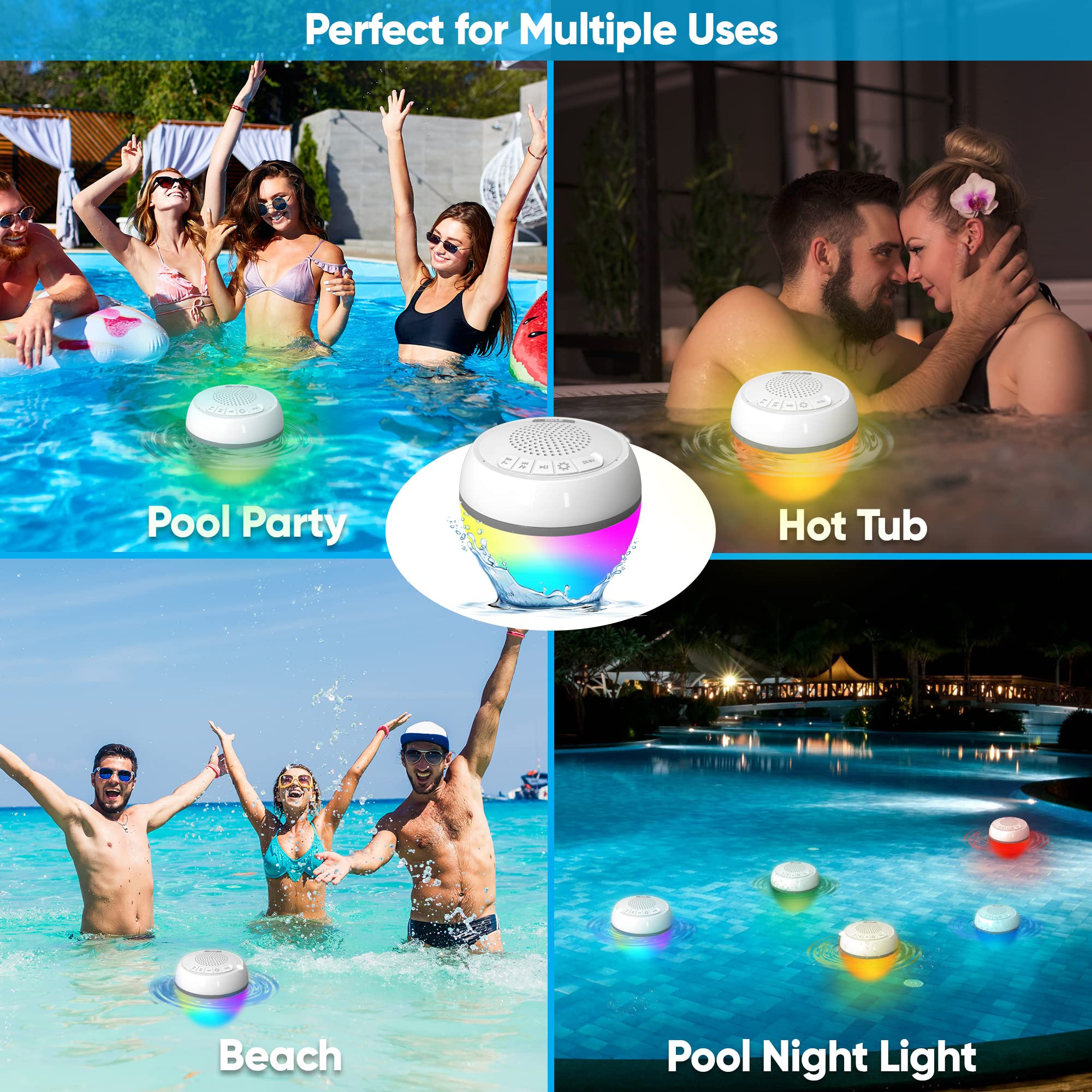 PyleUsa IP68 Waterproof Floating Bluetooth Speaker with LED Lights, Portable Wireless Pool Speaker with Stereo Surround Sound, USB Rechargeable, 50 ft Range, Perfect for Pool, Beach, Shower, Hot Tub, Travel, and Outdoor Parties