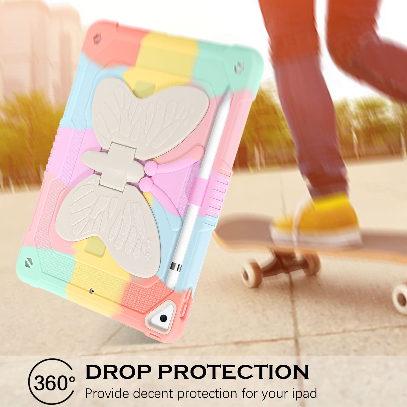 YINLAI iPad 9th/8th/7th Generation Case & iPad Air 3 Case - 10.2 Inch Shockproof Protective Cover with Kickstand & Pencil Holder | Cute Butterfly Design for Girls, Kids & Women | Perfect for School, Work & Travel (Colorful Pink)