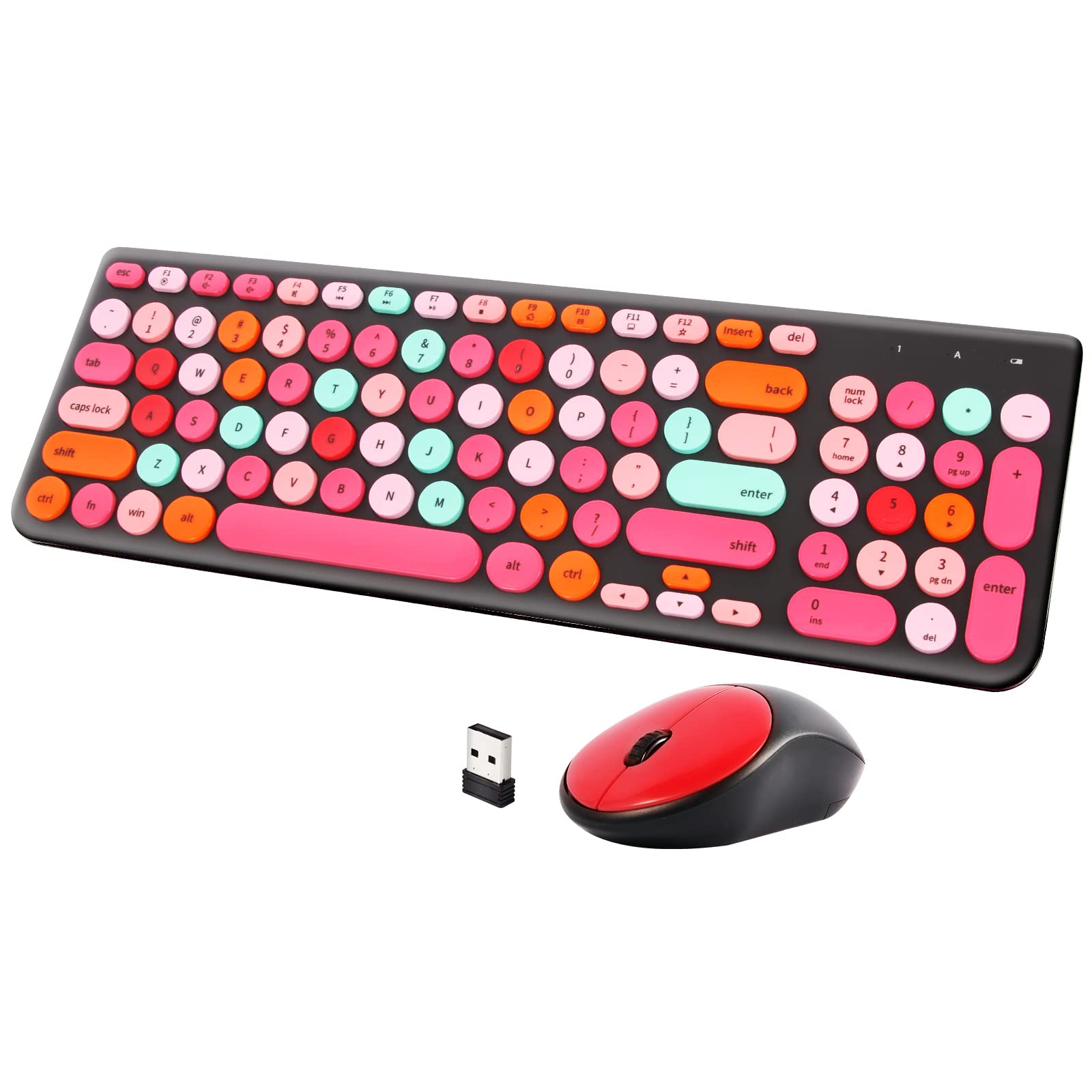 Vintage Wireless Keyboard and Mouse Combo - 2.4GHz Retro Typewriter Style Keyboard with Round Keycaps & Full-Size USB Cute Mouse for PC, Laptop, Mac - Perfect for Home Office, Gaming & Creative Work (Black Colorful)