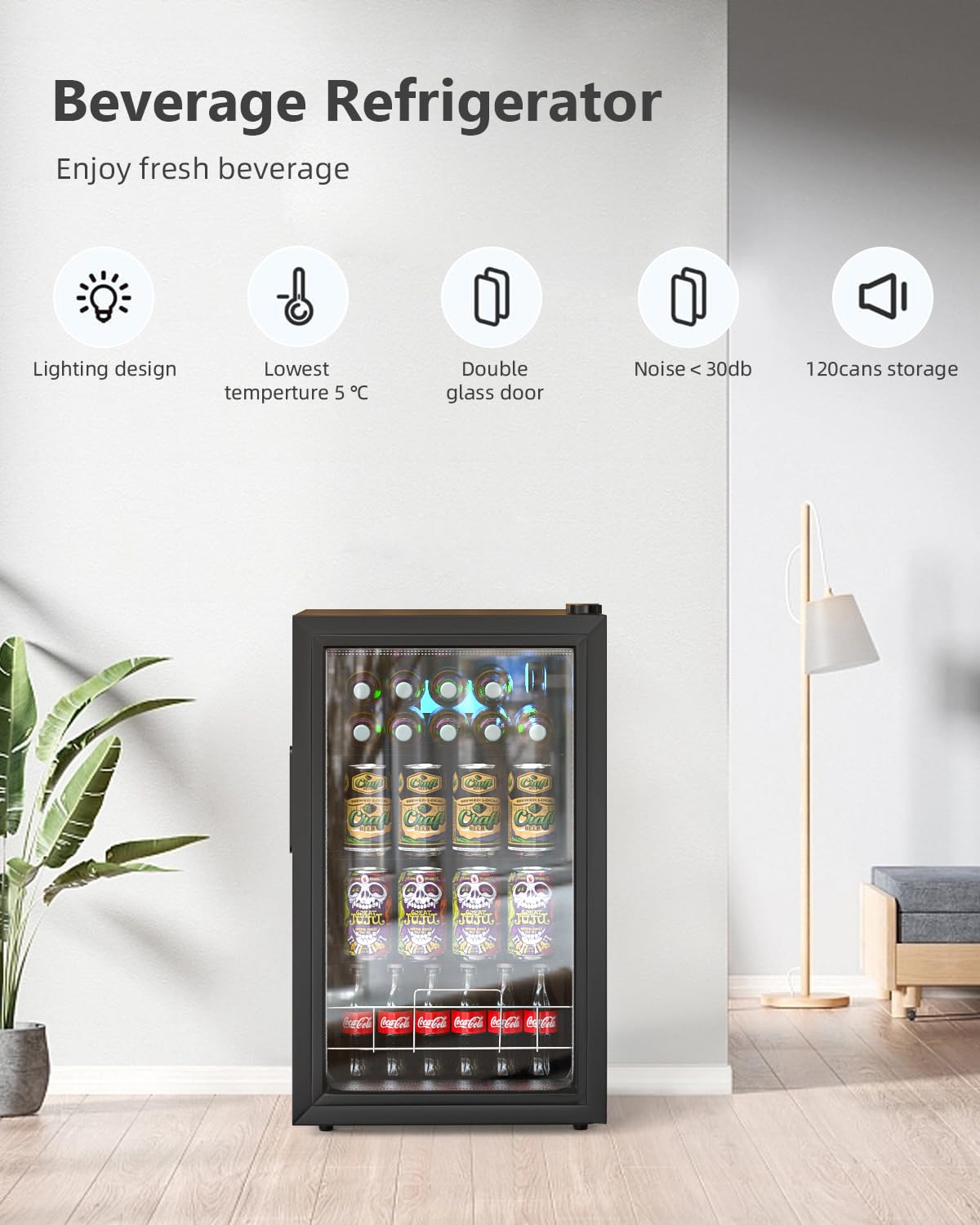 Geekman 120 Can Beverage Refrigerator - Freestanding Mini Fridge with Double-Layer Glass Door, Adjustable Removable Shelves for Beer, Wine & Soda - Perfect for Home Bar, Office, Man Cave & Entertainment Spaces