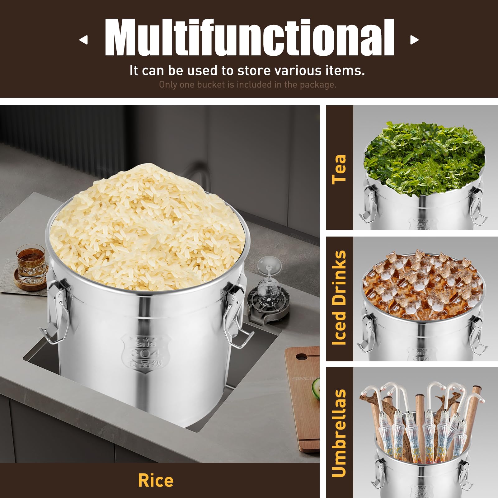 33L Airtight Stainless Steel Food Storage Containers with Lids - BPA-Free Food Grade Bucket for Rice, Grains, Flour, Oil, Milk, Wine & Water - Perfect for Kitchen Countertop, Pantry Organization & Bulk Food Storage