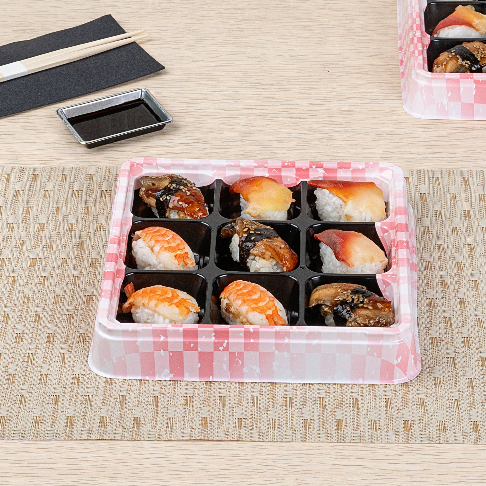 Bento Tek 17 oz Square Pink and Black Plastic Bento Box with 9 Compartments - 8.5