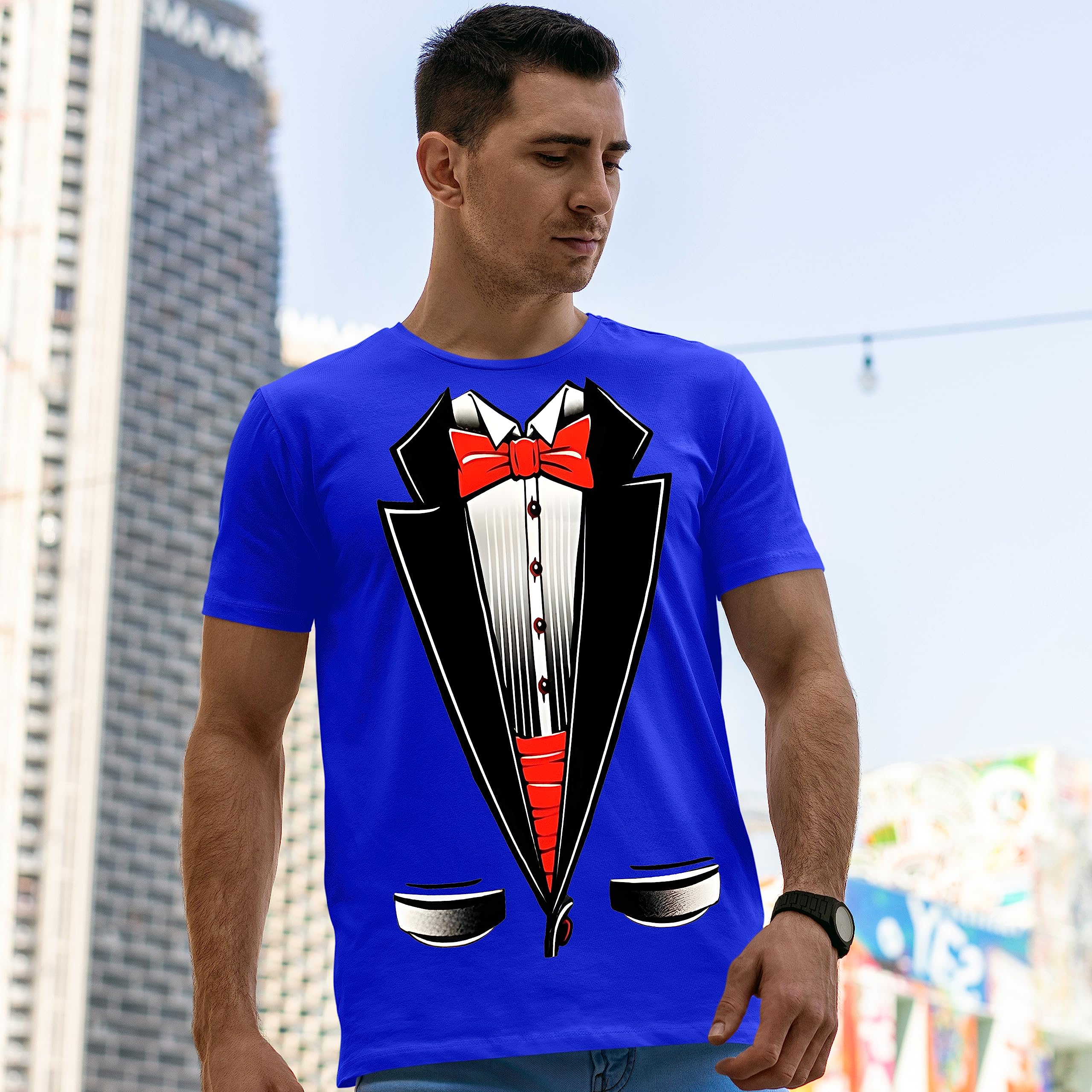 Fresh Tees Unisex Tuxedo Shirt with Red Bowtie - Funny Formal T-Shirts for Women & Men | Perfect for Costume Parties, Office Pranks, and Themed Events