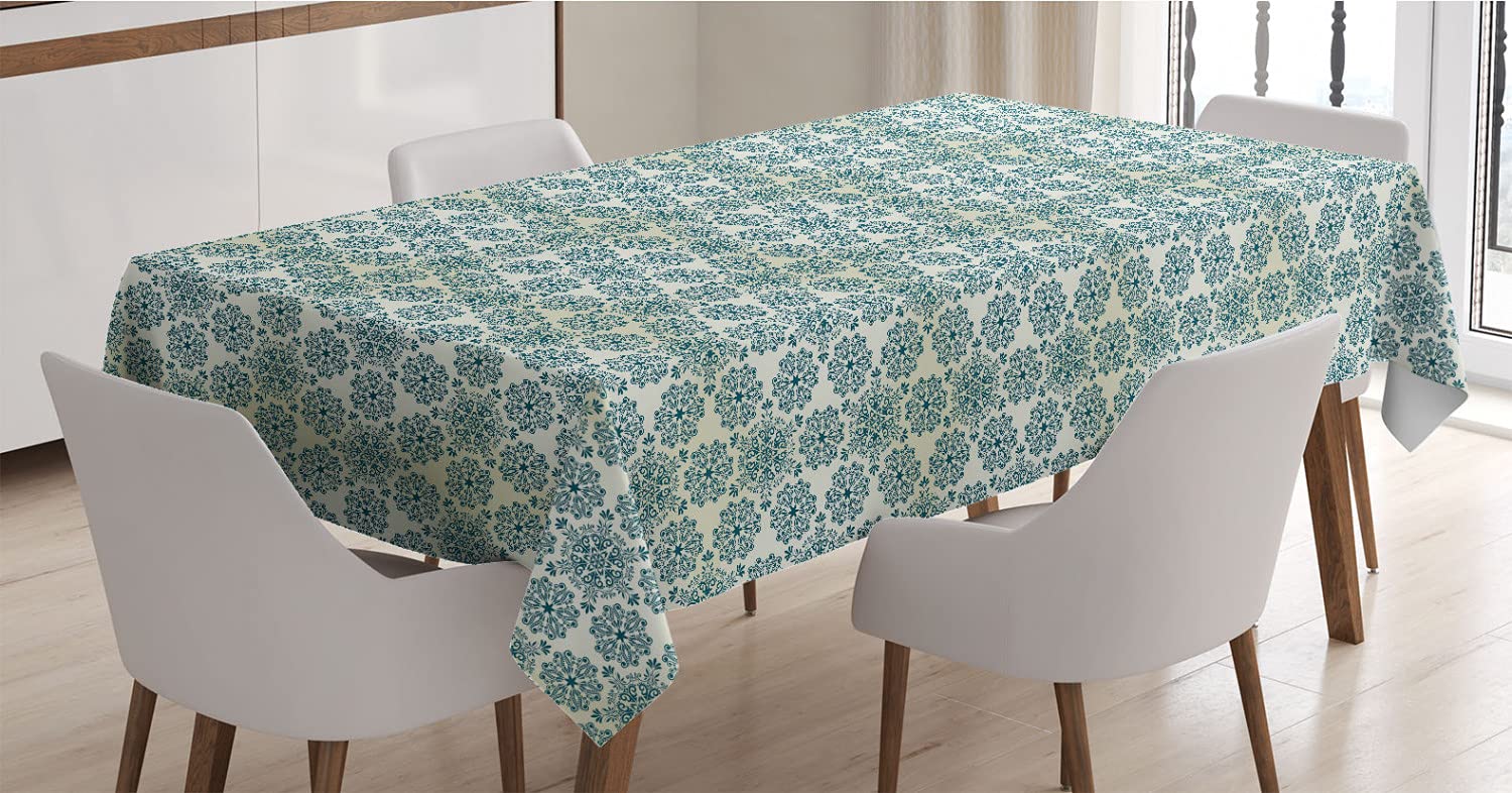Ambesonne Winter Tablecloth - Round Mandala Floral Design with Damask Elements, Retro Rectangle Satin Dining Table Cover for Kitchen & Dining Room Decor, 60