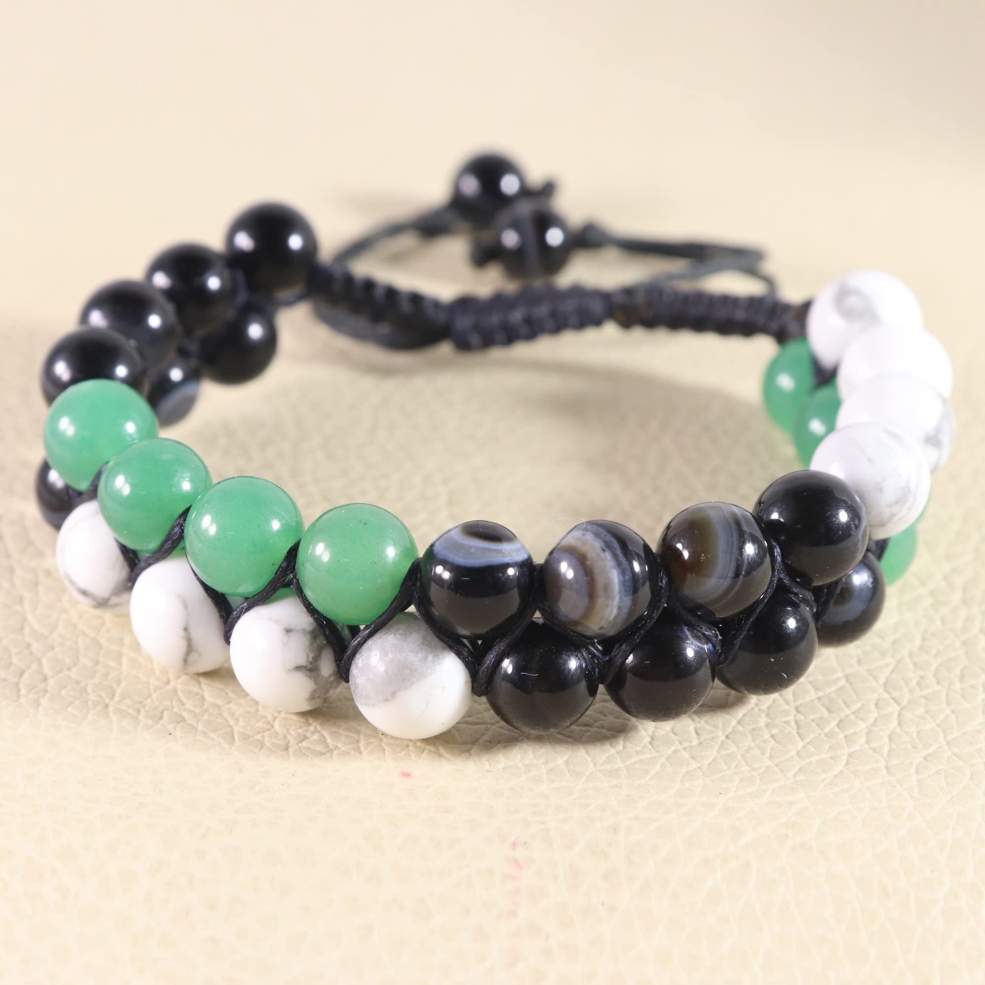 Natural Green Aventurine Macrame Bracelet - Botswana Agate & Howlite Beaded Bracelet - 8mm Handmade Gemstone Bracelet for Men - Spiritual Healing Jewelry Gift for Father, Meditation, Yoga & Positive Energy