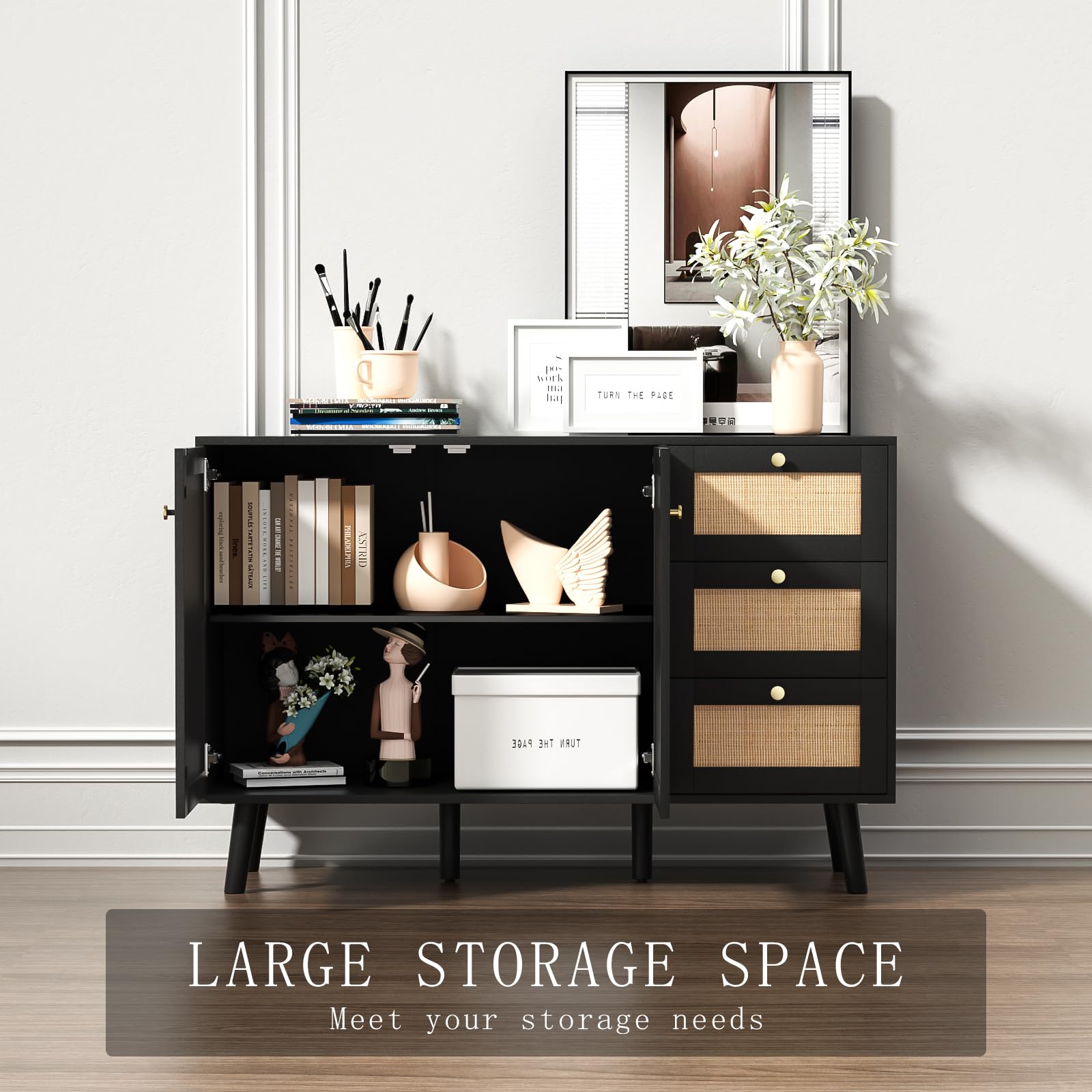 Anmytek Black Rattan Sideboard Buffet Cabinet - 2 Doors & 3 Drawers Storage Credenza for Dining Room, Hallway, Kitchen | Perfect for Home Organization & Entertaining Guests