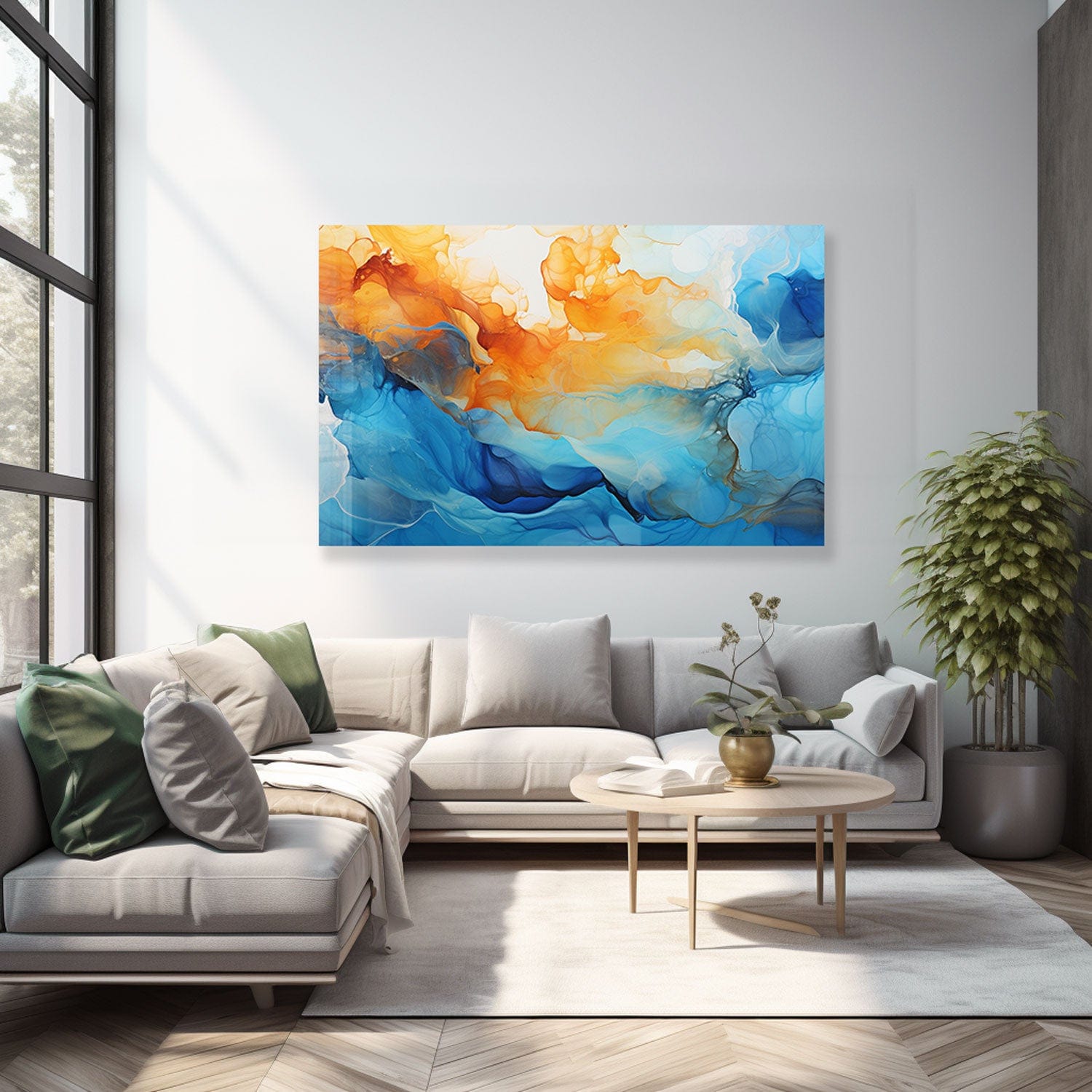 Orange & Blue Abstract Tempered Glass Wall Art - Modern Home Decor for Living Room, Bedroom & Office