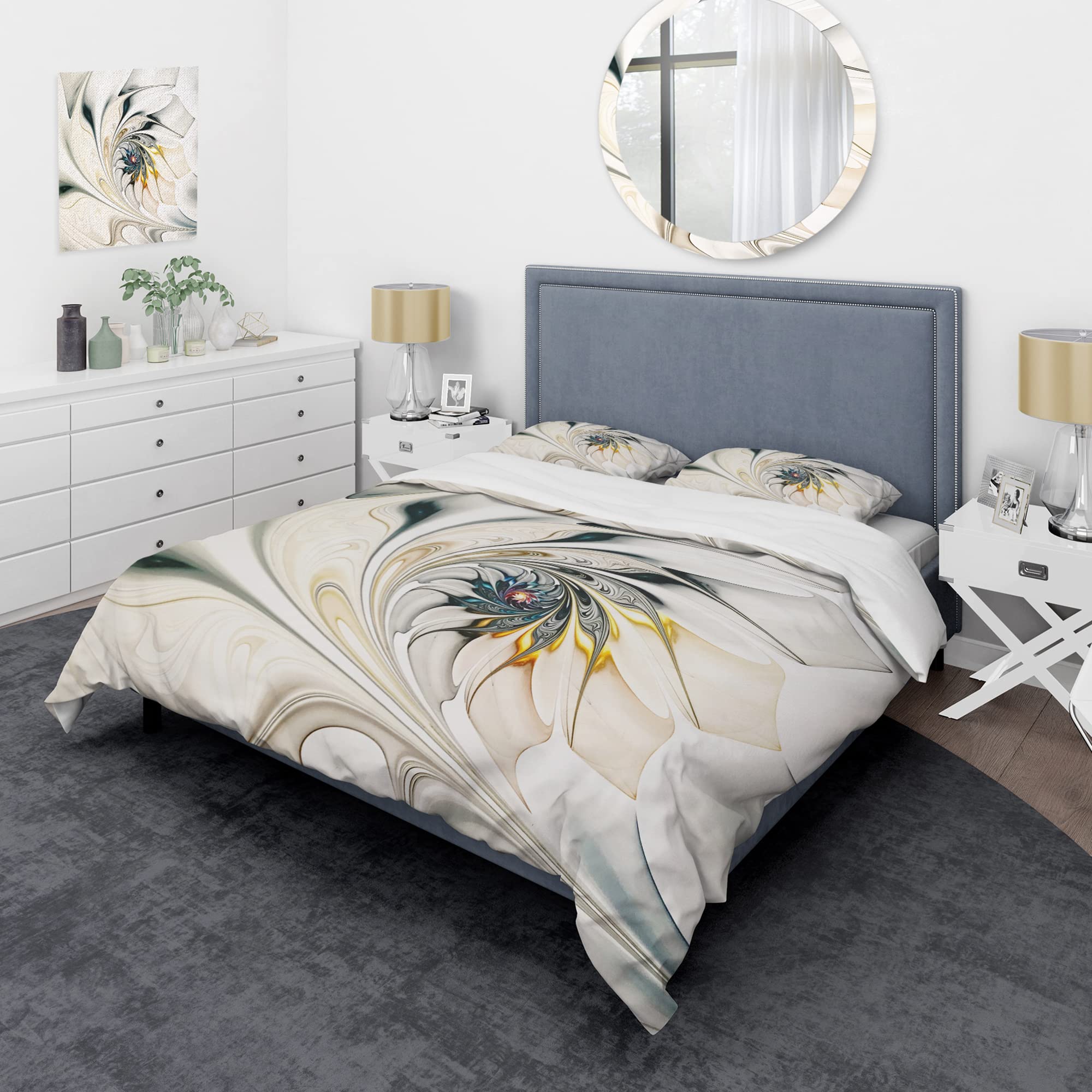 White Stained Glass Floral Duvet Cover Set - Modern & Contemporary Twin Size 3-Piece Bedding | All Season Soft & Breathable Cotton | Perfect for Master Bedroom, Guest Room & Dorm Decor