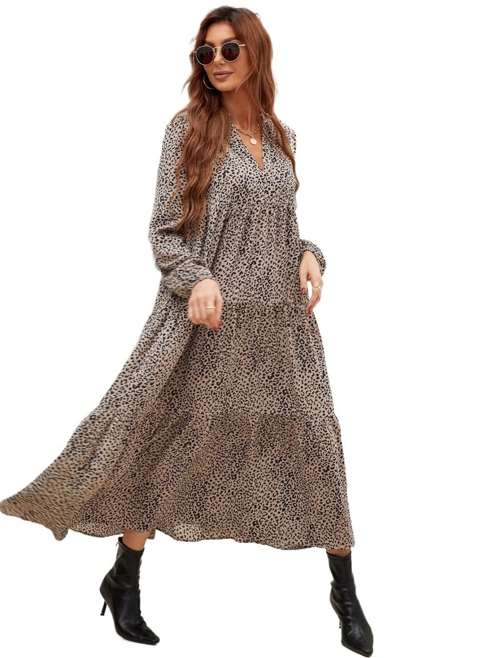 **IFAJOR Women's Summer Leopard Print Dress - Lantern Sleeve, Ruffle Hem Smock Dress for Casual Outings, Beach, and Vacation (Multicolor, Size Large)**