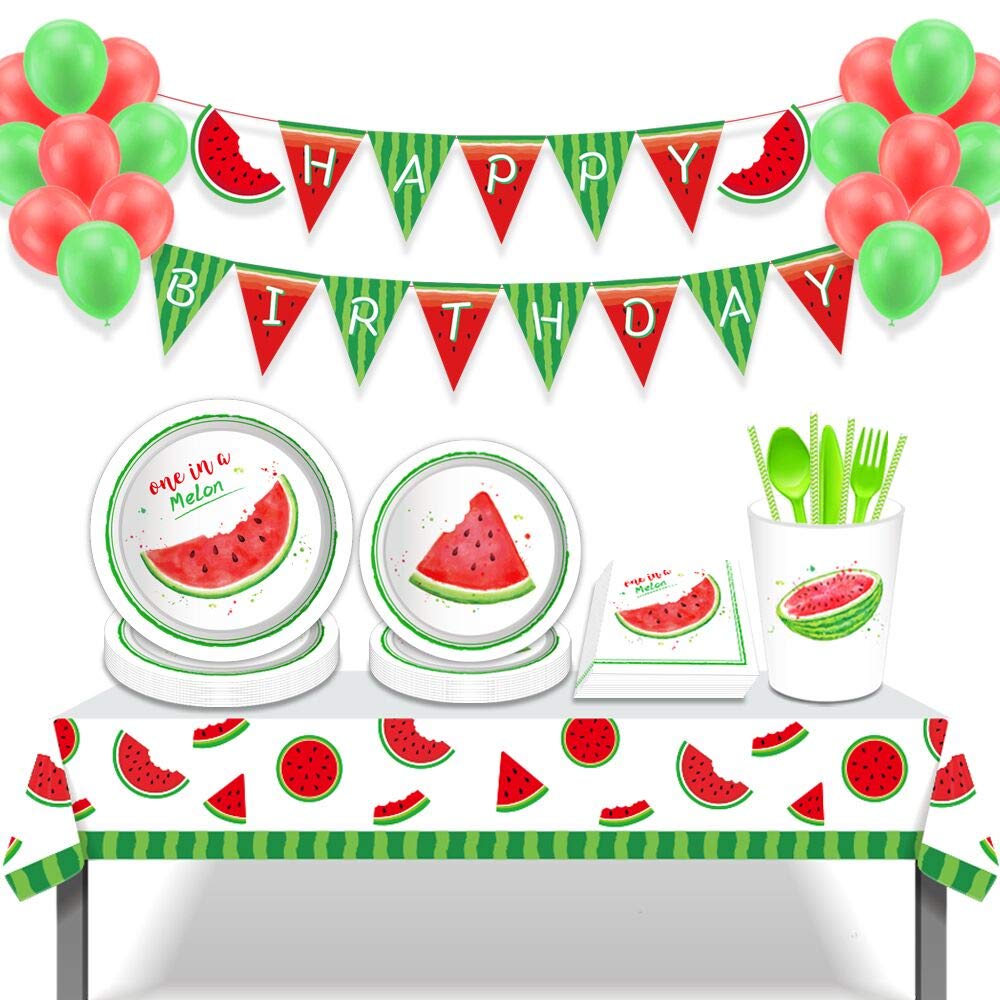 One in a Melon Watermelon Party Supplies Set - 257 Pieces Including Disposable Plates, Banners, Tablecloths, Cups & Balloons for Summer BBQs, Birthday Parties & Baby Showers