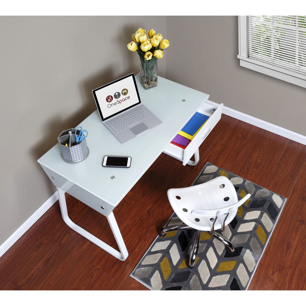 OneSpace Ultramodern Glass Computer Desk with Drawers - White Medium Size Home Office Desk for Work & Study - Perfect for Small Spaces, Gaming Setup & Modern Home Office
