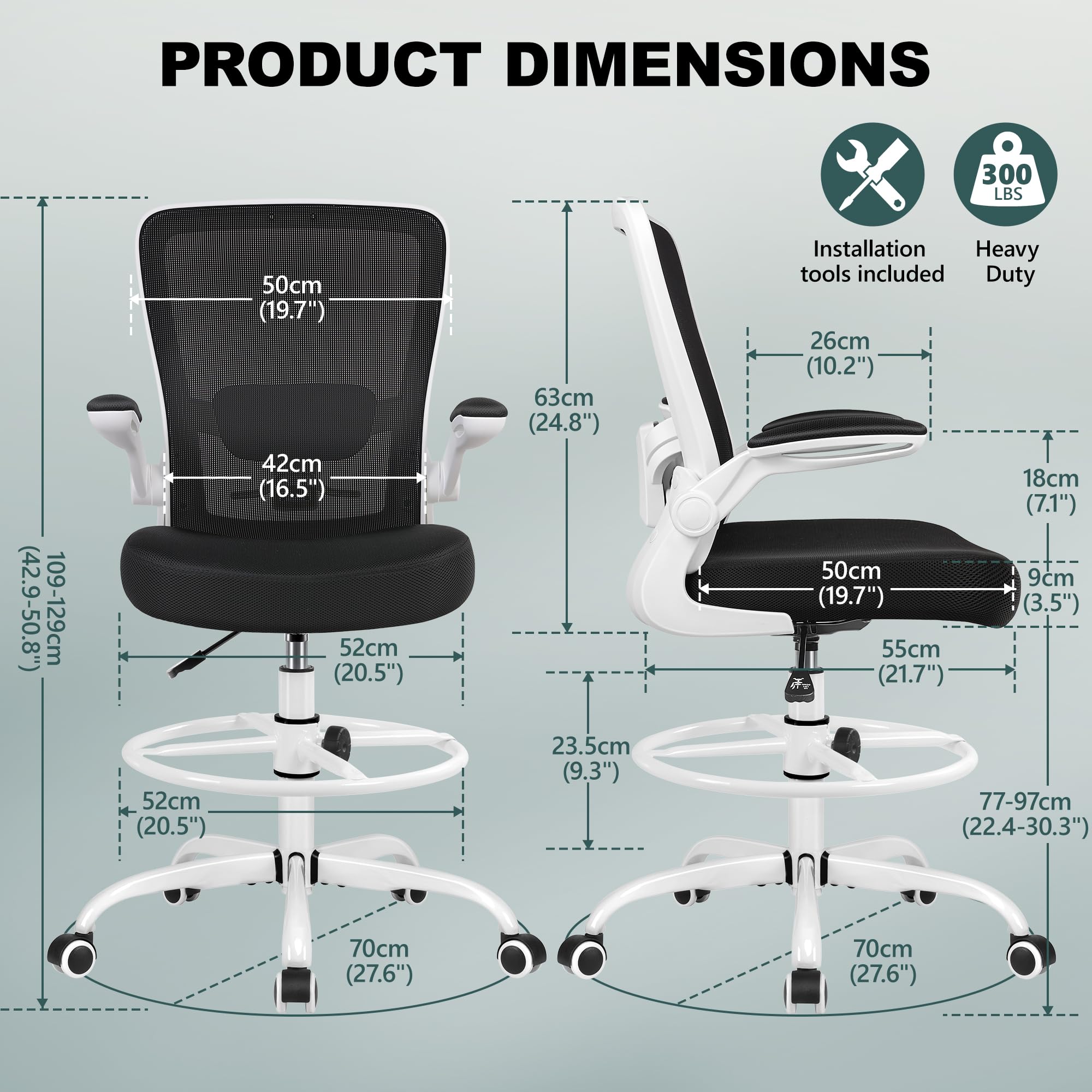 FelixKing Ergonomic Drafting Chair - Adjustable Mesh Office Chair with Lumbar Support, Footrest & Flip-Up Armrests - High Back Executive Desk Chair for Home Office, Gaming & Computer Work