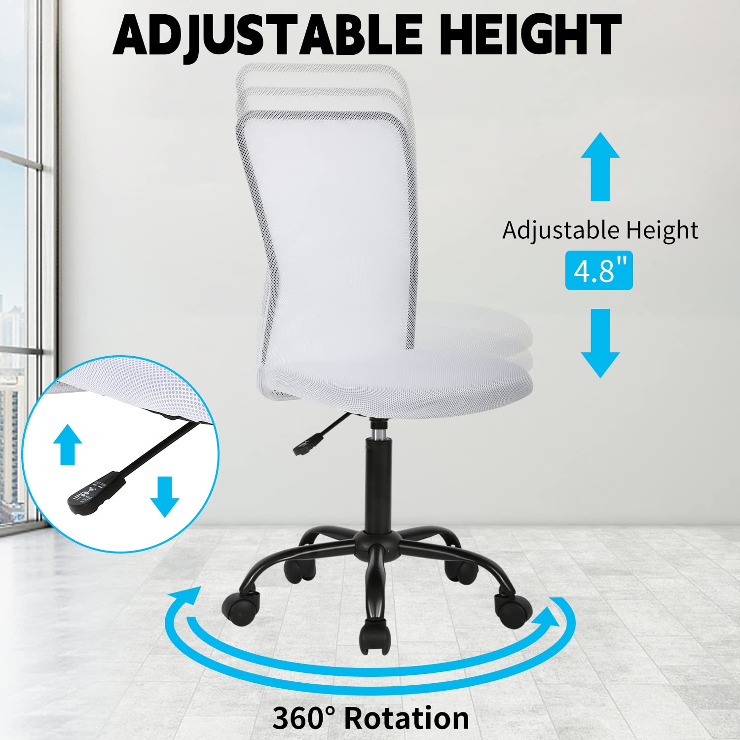 Ergonomic Armless Office Chair - Adjustable Height Mesh Computer Desk Chair with Lumbar Support, Rolling Swivel Task Chair for Small Spaces, White | Perfect for Home Office, Gaming & Workspace