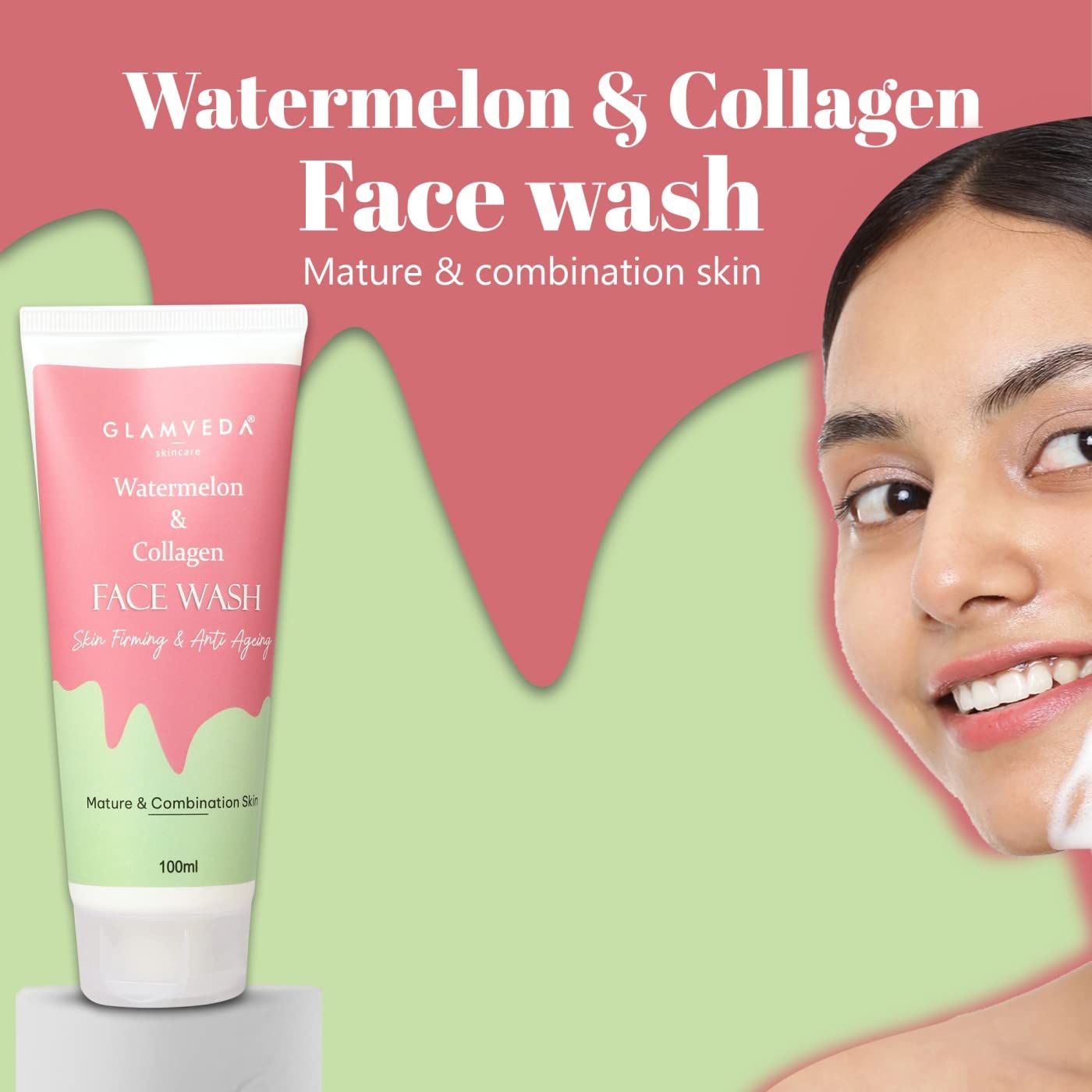 Glamveda Watermelon & Collagen Anti-Aging Face Wash - Reduces Fine Lines, Wrinkles & Skin Dullness - Moisturizing Creamy Foam Cleanser for Men & Women - All Skin Types - 100ml - Perfect for Daily Skincare Routine & Anti-Aging Regimen