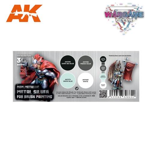 AK Interactive AK1073 Wargame Color Non-Metallic Metal Silver Acrylic Paint Set with Brush - 3rd Gen for Miniature Painting, Warhammer, Tabletop Gaming & Model Kits