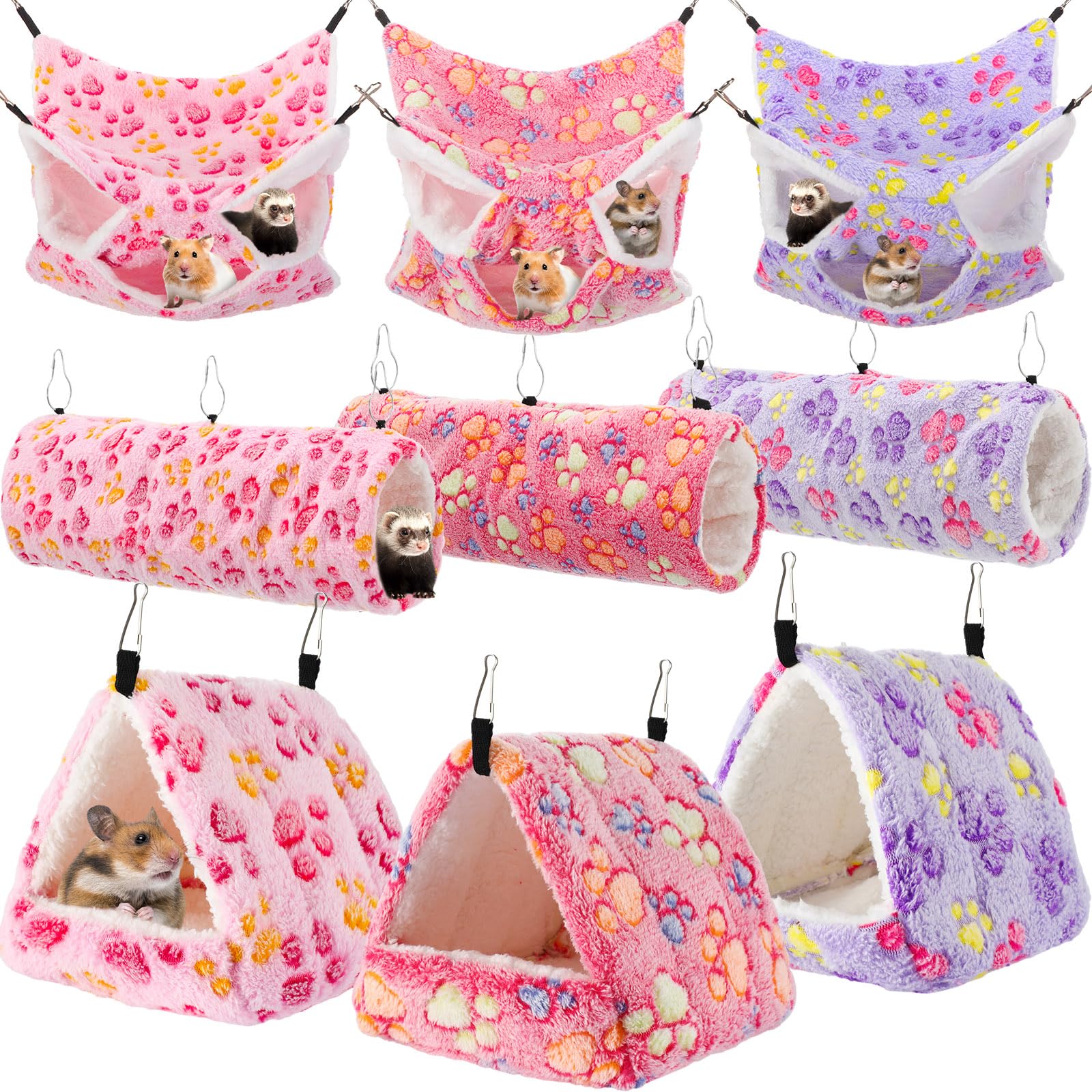 9-Piece Rat Hammock Set for Guinea Pigs & Ferrets - Small Pet Hanging Tunnel, Glider Toy & Hideout Bed Cage Accessories for Hamsters (Purple, Pink, Rose Red, Paw Print) - Perfect for Small Animal Playtime & Cage Enrichment