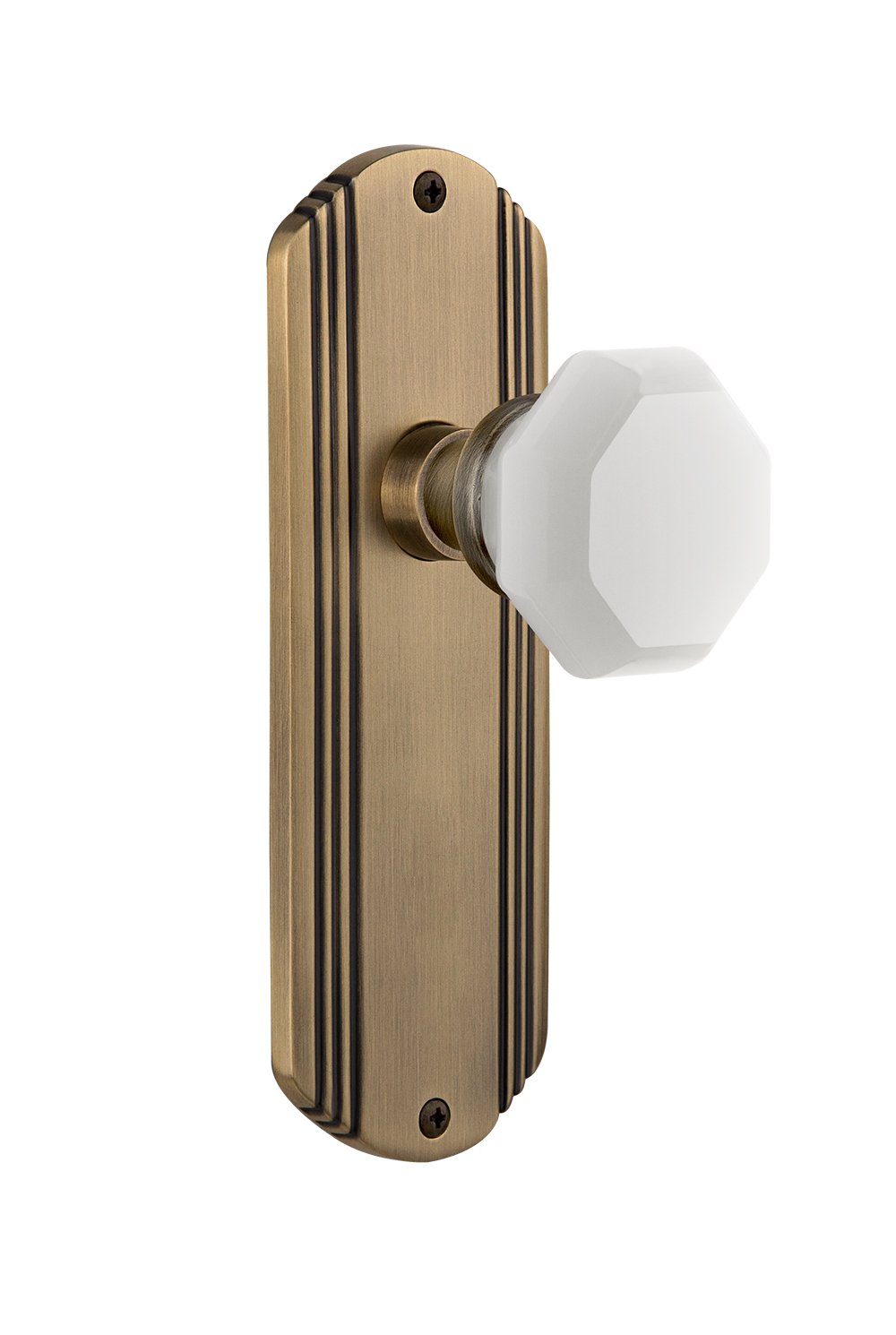 Vintage Waldorf White Milk Glass Knob - Nostalgic Warehouse 748728 Deco Plate Double Dummy in Antique Brass - Perfect for Cabinet, Drawer & Furniture Hardware Upgrade