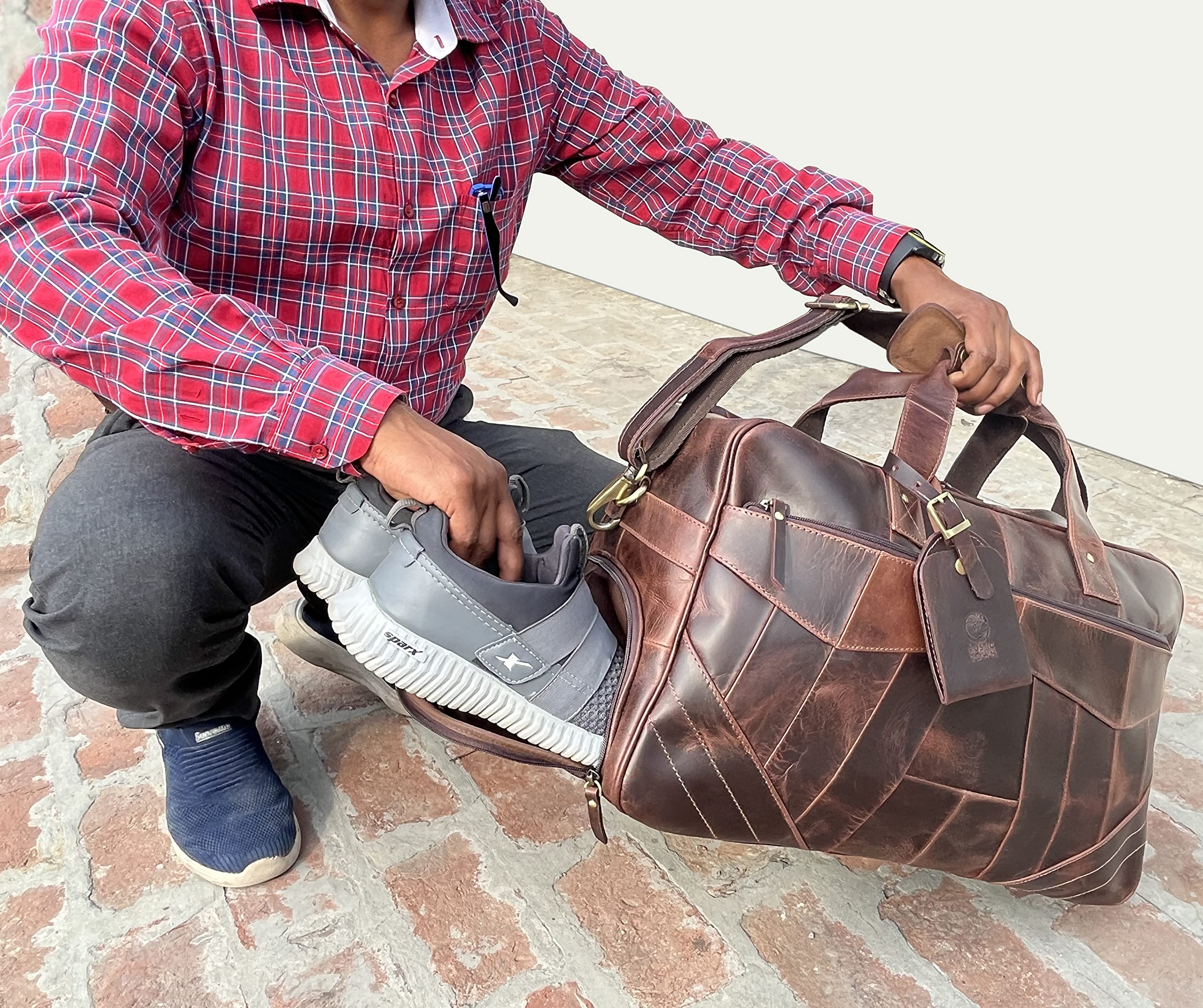 Premium Men's Leather Duffle Bag - Waterproof Travel & Gym Weekender with 2 Shoe Compartments - Airplane Underseat Carry On Luggage for Business Trips, Weekend Getaways & Sports Gear Storage