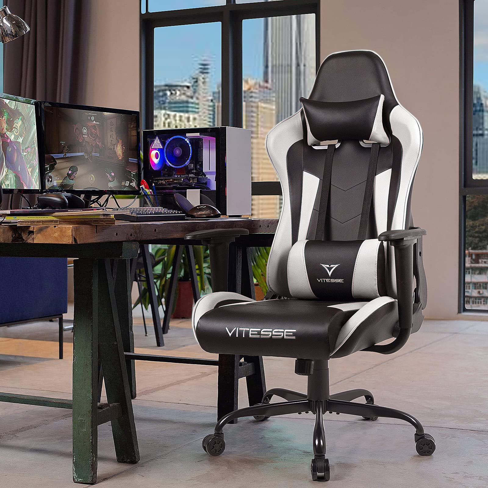 PUKAMI Ergonomic Gaming Chair for Teens - High Back Racing Style Computer Desk Chair with Adjustable Height, Lumbar Support & Headrest - Perfect for PC, PS5, Xbox Gaming & Home Office (White)