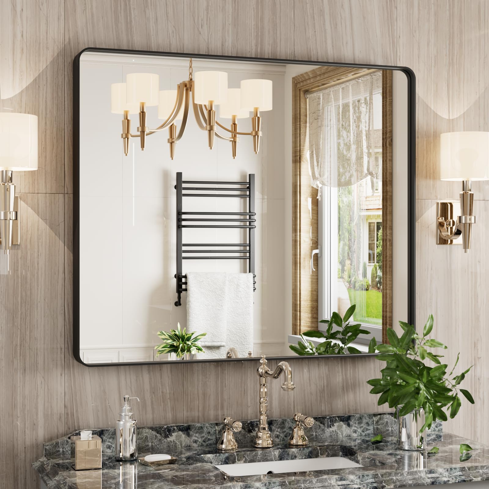 36x30 Inch Black Matte Framed Bathroom Mirror - Rounded Rectangle Wall Mounted Vanity Mirror with Tempered Glass & Anti-Rust Finish (Horizontal/Vertical Installation) - Perfect for Modern Bathrooms, Powder Rooms & Dressing Areas