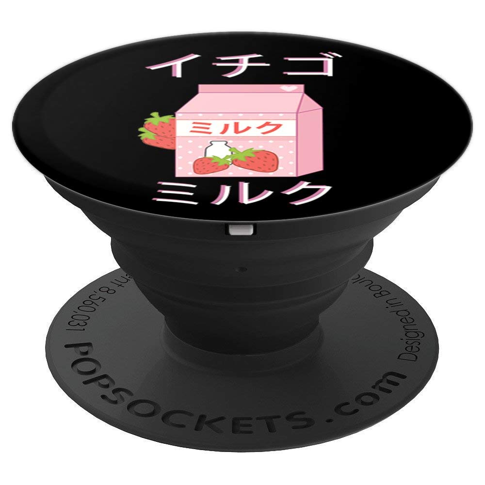Japanese Milk Carton Graphic Strawberry Milkshake Print PopSockets PopGrip - Swappable Phone Grip for iPhone, Samsung & Tablets - Cute Kawaii Accessory for School, Work & Travel