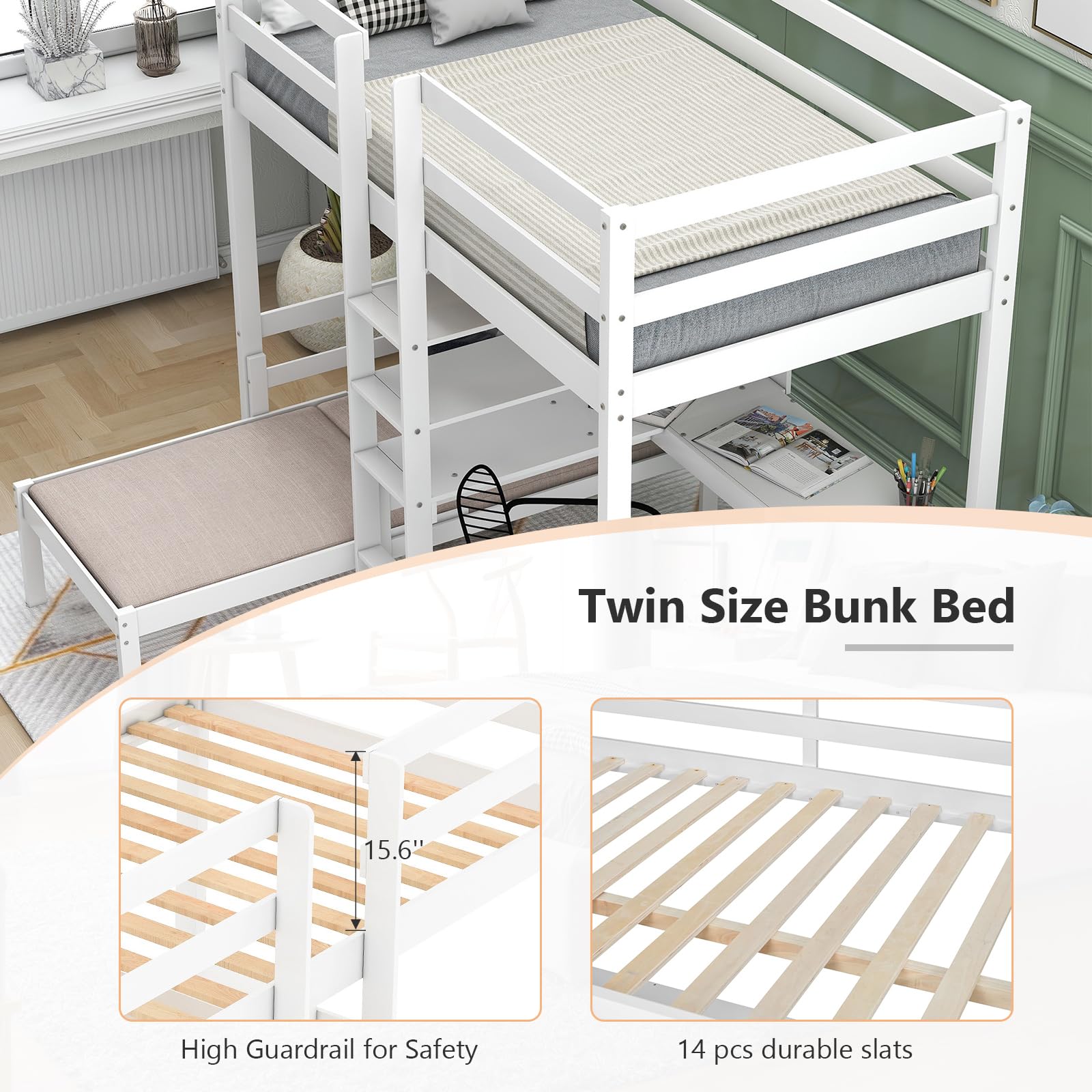 Multifunctional Wooden Loft Bed with Built-in Desk & Storage Shelves - Space-Saving Twin Over Twin Bunk Bed for Kids & Adults - Perfect for Small Bedrooms, Dorms & Studio Apartments
