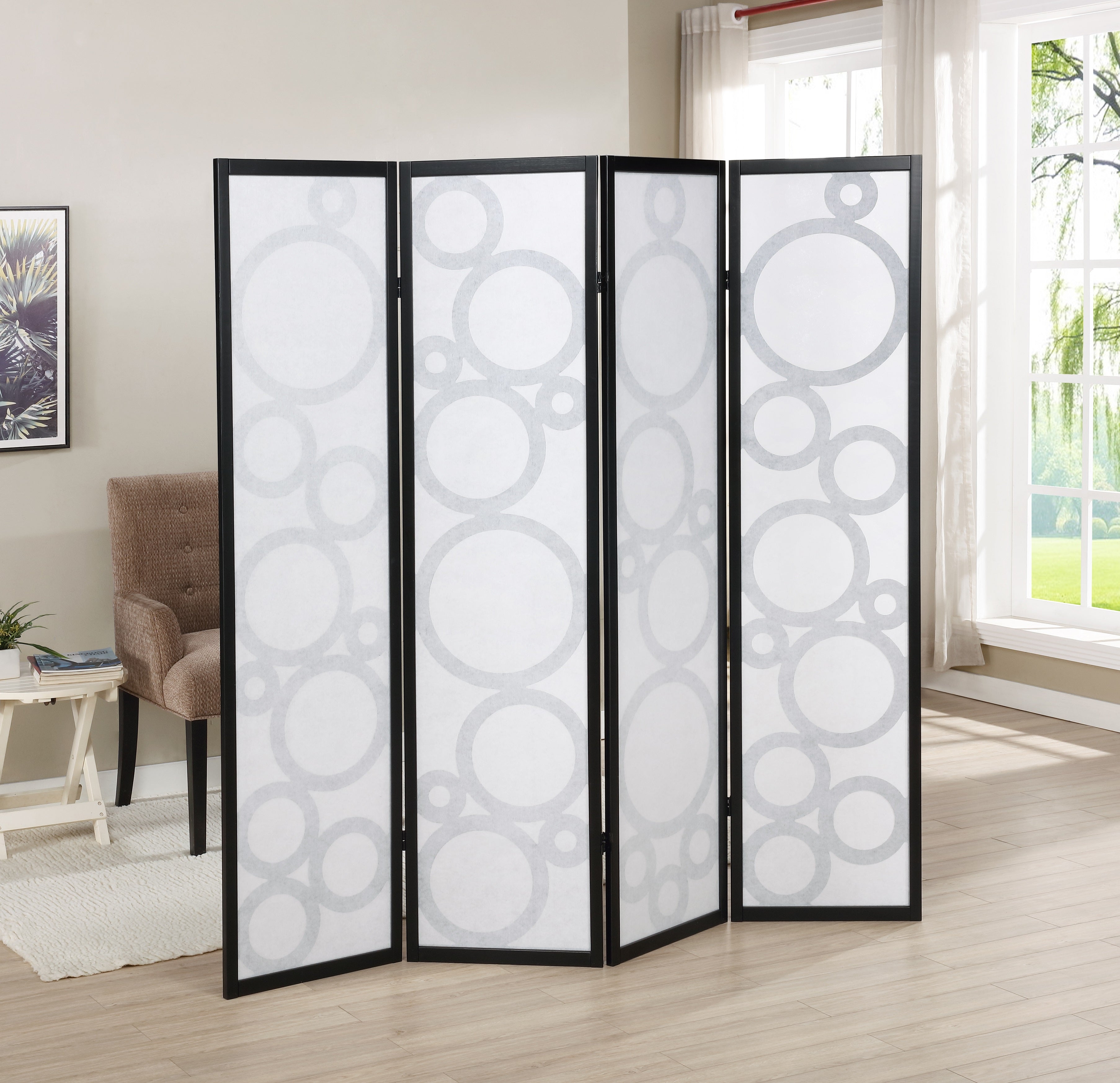 Roundhill Furniture Arvada 4-Panel Wood Room Divider with Decorative Circle Pattern - Black Screen Partition for Home, Office & Studio Privacy