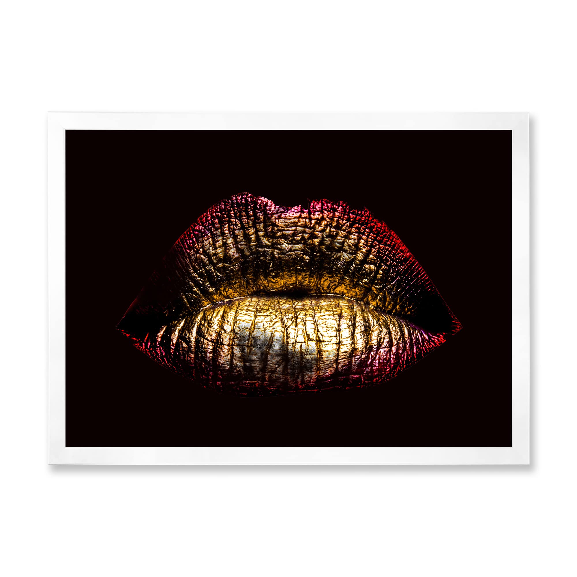 Golden Metallic Lips IV Modern Framed Wall Art - Elegant Home Decor for Living Room, Bedroom & Office