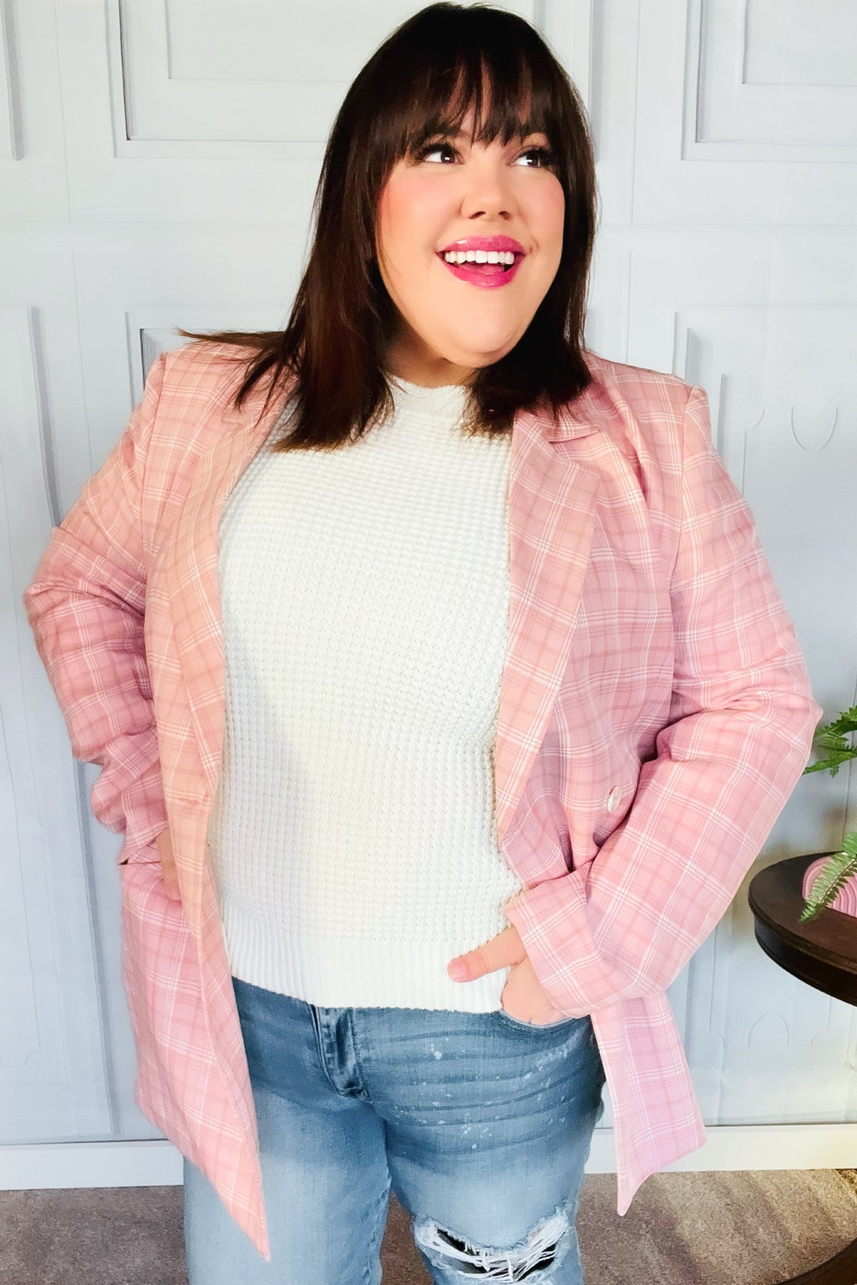 Stylish Pink Plaid Double Breasted Blazer with Lapel Collar - Perfect for Office Wear, Business Meetings & Formal Events