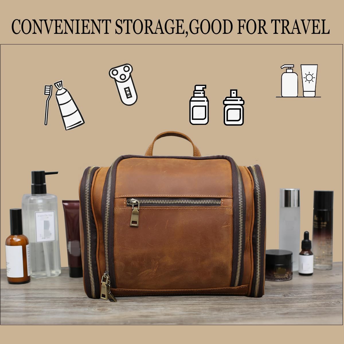 Premium Genuine Leather Hanging Toiletry Bag for Men & Women - Personalized Travel Shaving Kit & Dopp Kit Organizer - Ideal for Groomsmen Gifts, Wedding Presents & Business Travel - Perfect for Camping, Gym & Vacation (Brown)