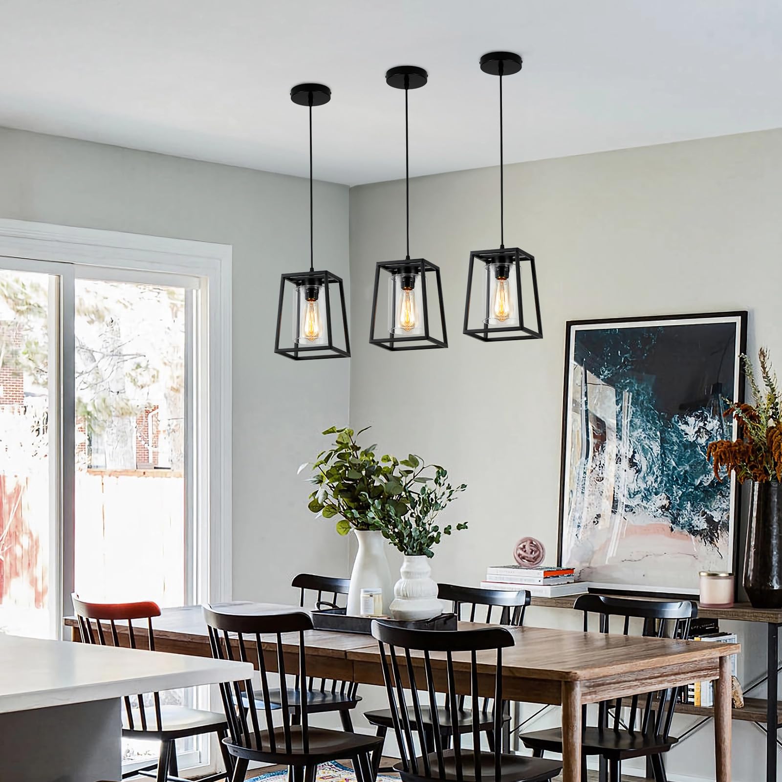 Black Farmhouse Pendant Lights with Clear Glass Shade - 1-Light Linear Chandelier for Kitchen Island, Dining Room, Entryway, and Modern Farmhouse Decor