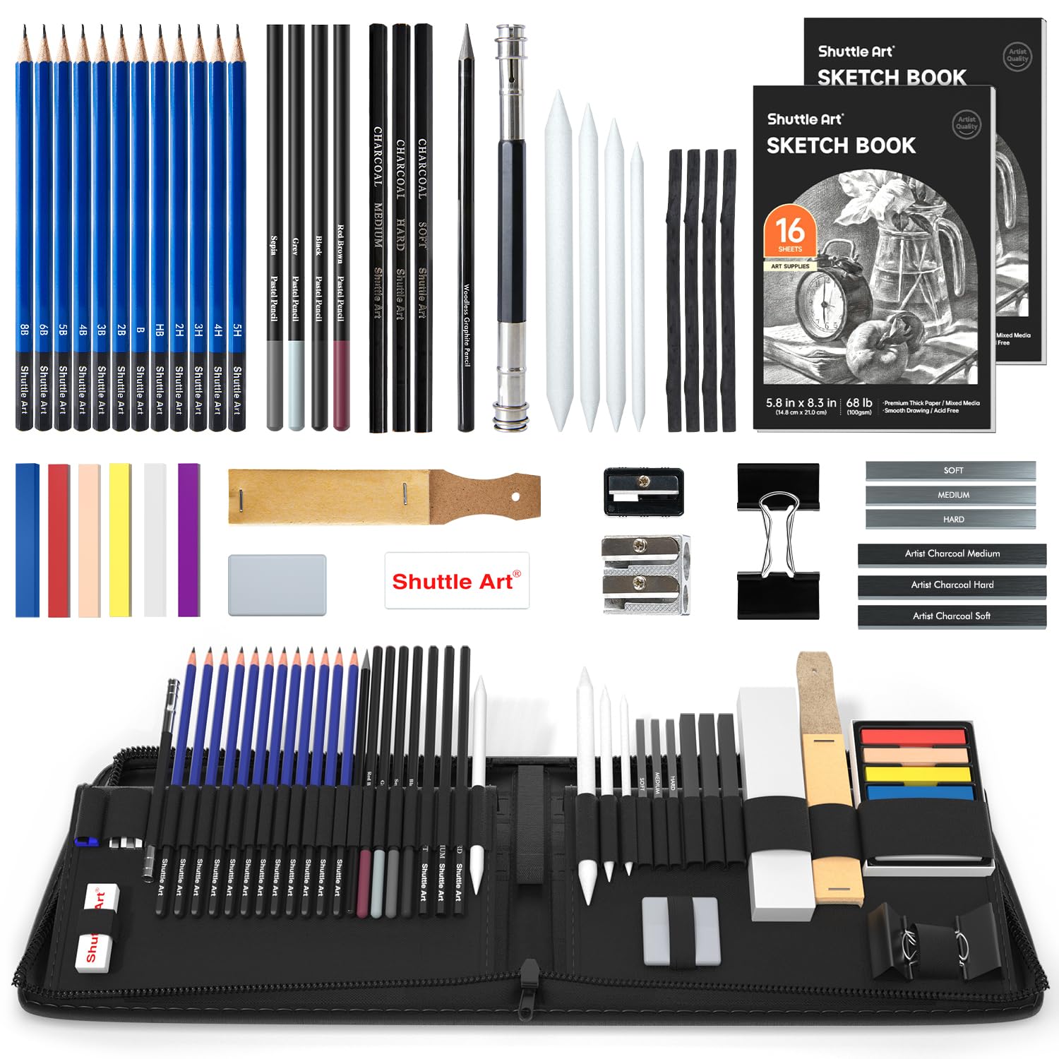 Shuttle Art 52 Pack Professional Drawing Pencils Set - Graphite & Charcoal Sticks with Sketch Pad in Portable Case - Perfect for Artists, Students & Adults - Ideal for Sketching, Shading & Art Projects