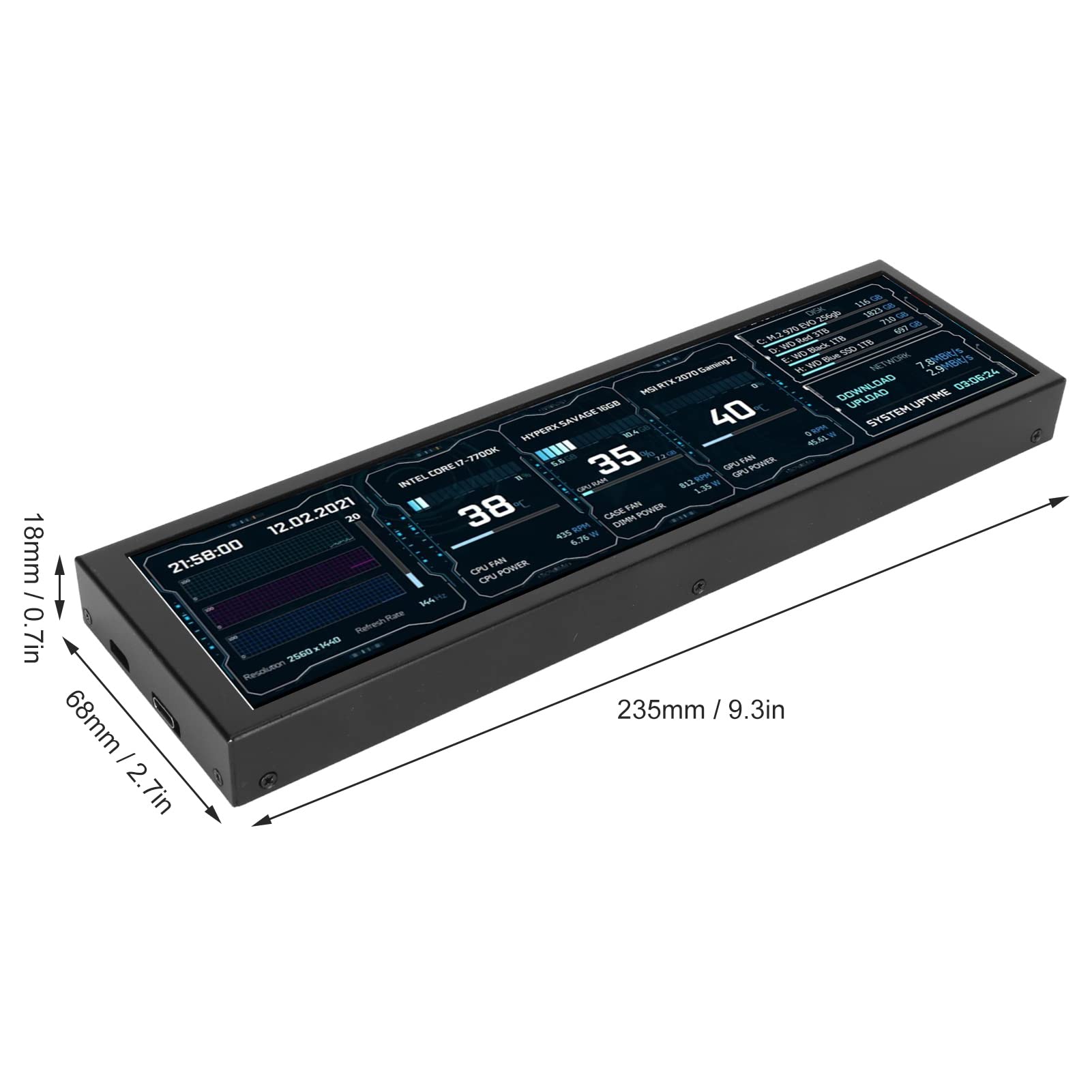 8 Inch IPS Mini USB Display 1920x480, 60Hz Computer Temperature Monitor, 360° Rotatable PC Sensor Panel Screen for Gaming PC Case Accessories - Perfect for PC Builds, Gaming Setups, and Temperature Monitoring (Black)