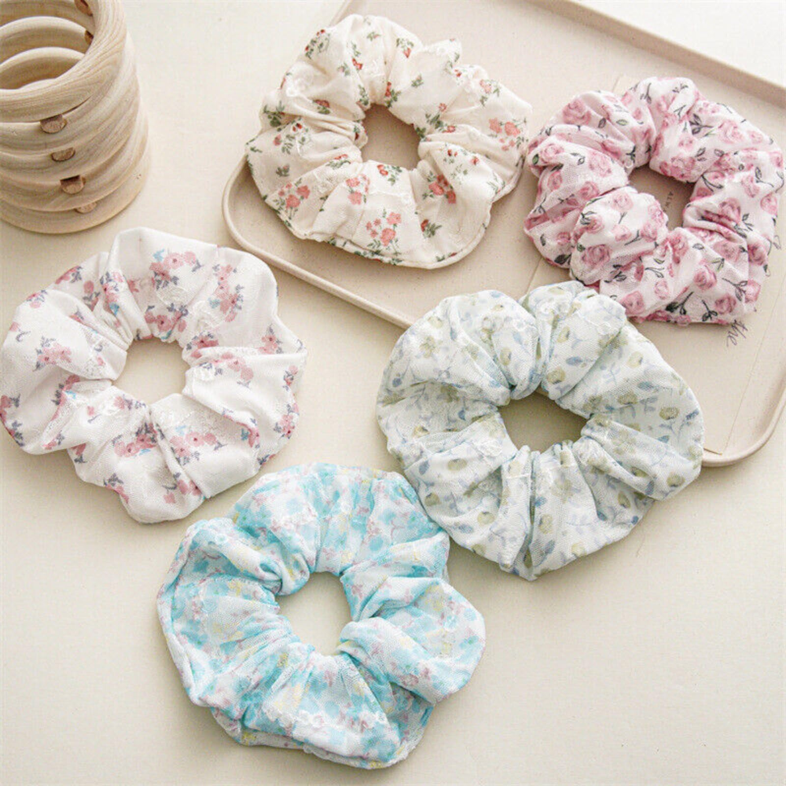 Floral Print Scrunchies for Women - Soft Elastic Hair Bands, Ponytail Holders & Hair Accessories - Green Bow Hair Ribbon for Long Hair - Perfect for Workouts, Office & Casual Wear