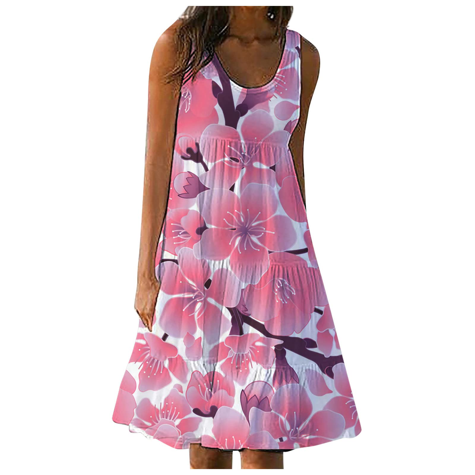 Women's Floral Print Summer Beach Dress - Sleeveless Round Neck Jersey Dress for Casual Wear, Vacation & Outdoor Activities
