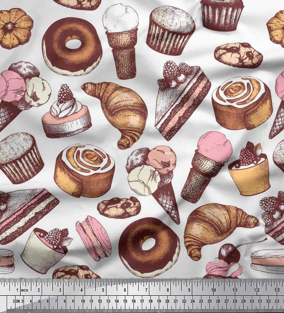 Soimoi 100% Cotton Cambric Fabric - 42 Inch Wide White Printed Fabric with Cupcake, Donut & Cookies Food Pattern - Perfect for DIY Crafts, Quilting, Sewing Projects, Home Decor, and Clothing