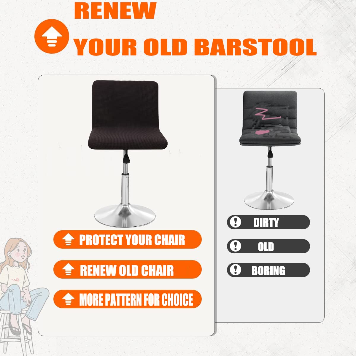 Stretch Slipcover Chair Protectors for Short Back Chairs & Bar Stools - Elastic Furniture Covers (Black) - Perfect for Dining Room, Kitchen & Office Use