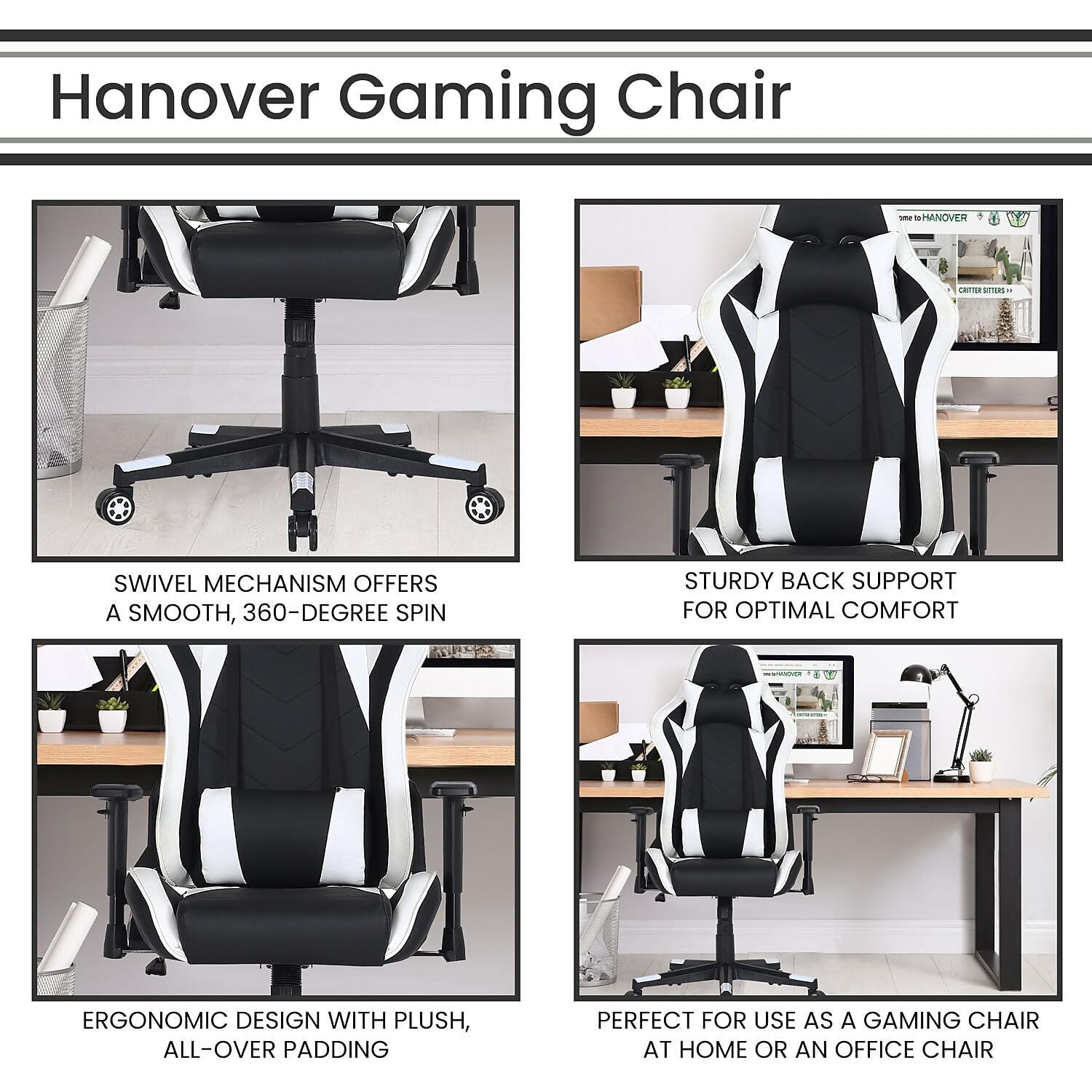 Ergonomic Gaming Chair with Adjustable Lumbar & Neck Support - Black & White Commando Style - Adjustable Height & Gas Lift for PC, Office & Esports Gaming Setup