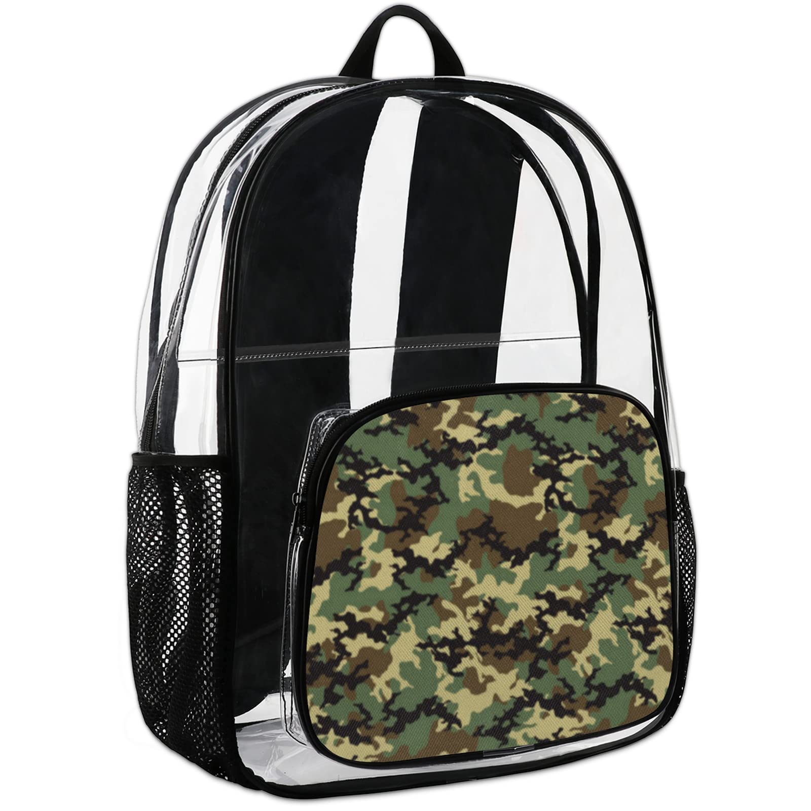 Pardick Heavy Duty PVC Clear Backpack with Army Camouflage Print - Large Transparent School Backpack for Work, Security, Travel - Durable Clear Bags for Women, Men, Girls & Boys (Perfect for School, Concerts, Stadiums & Airport Security)