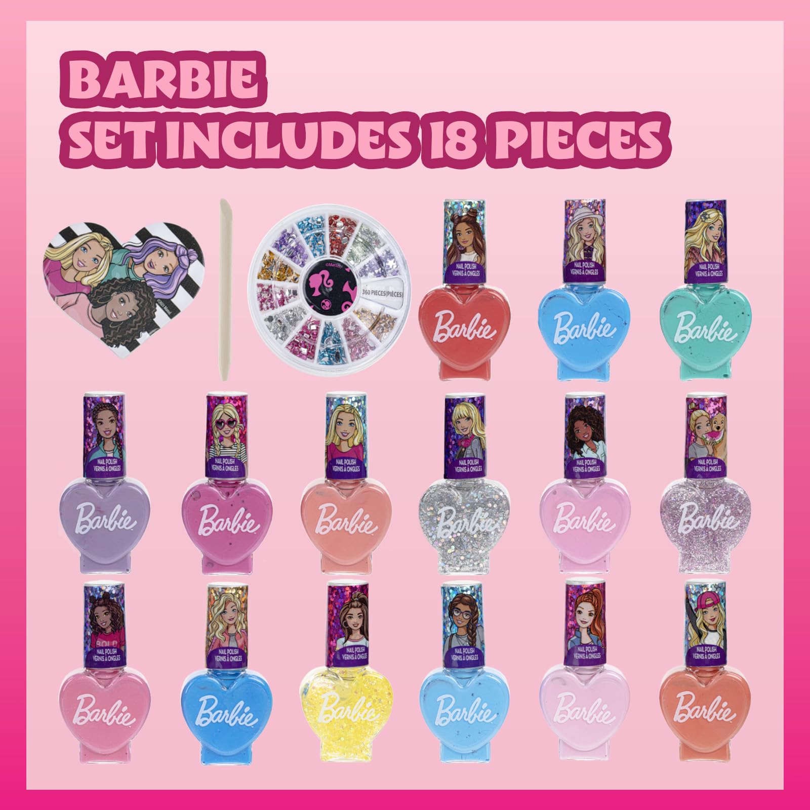 Barbie Movie 18-Piece Kids Water-Based Nail Polish Kit with Nail Gems Wheel & Nail File - Non-Toxic Nail Art Set for Girls, Perfect for Birthday Parties, Sleepovers, Spa Days & Pretend Play - Townley Girl Makeup Activity Set