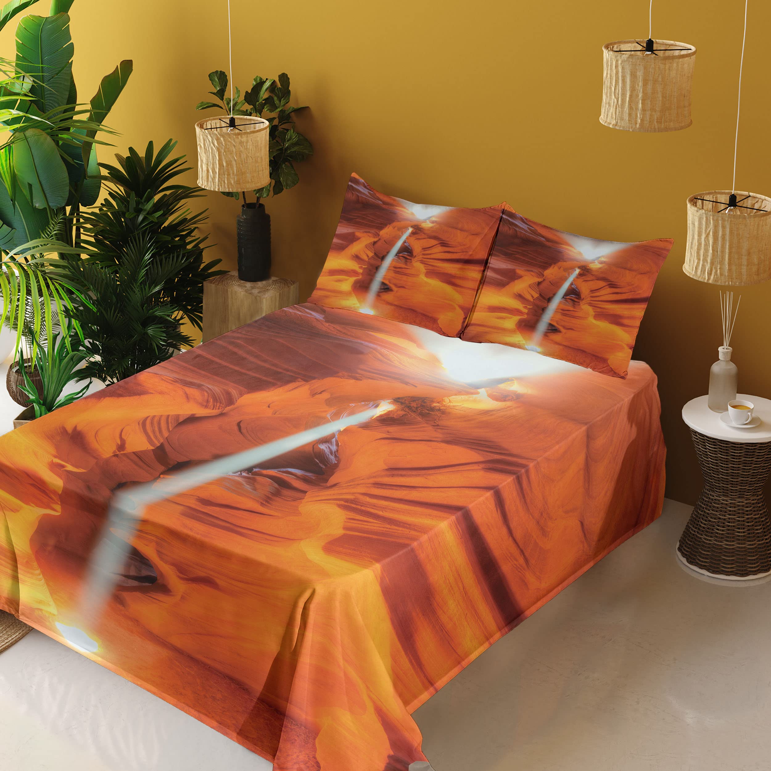 Ambesonne Americana King Size 4-Piece Sheet Set - Majestic Scenery Sunbeam Sandstone Antelope Canyon Nature Design, Orange Yellow & White Bedding with Fitted Sheet, Flat Sheet & Pillowcases - Perfect for Southwest Style Bedrooms, Vacation Homes & Nature-Themed Decor