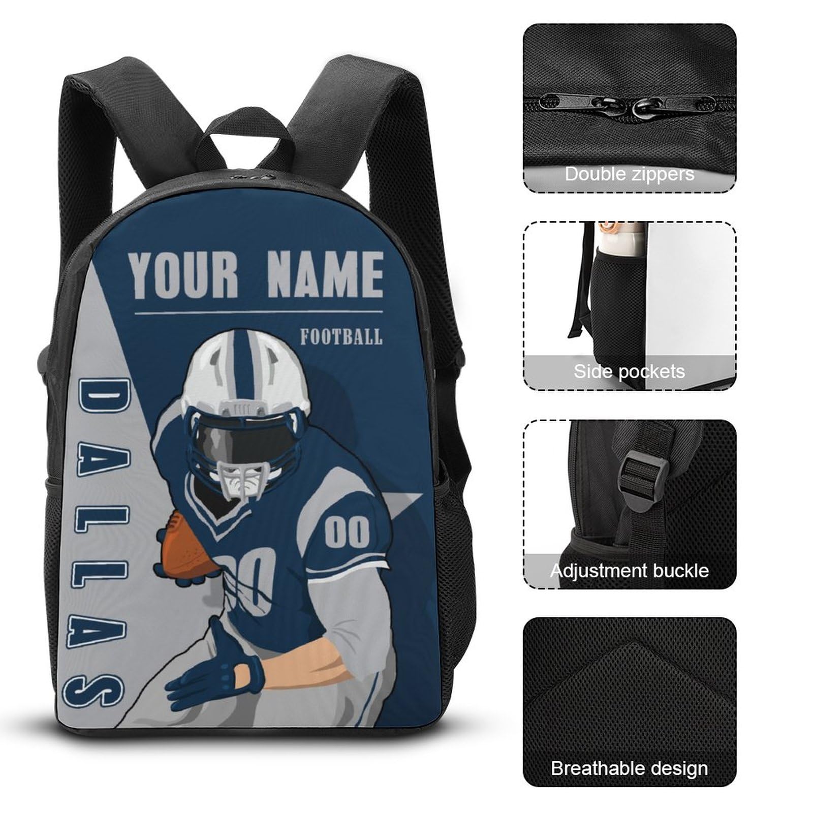 Custom Dallas Backpack 3-Piece Set for Men & Women - Personalized Laptop Bag, Lunch Box & Pencil Case with Name/Number - Perfect Gift for Students, Office Workers & Sports Fans - Great for School, Work & Travel